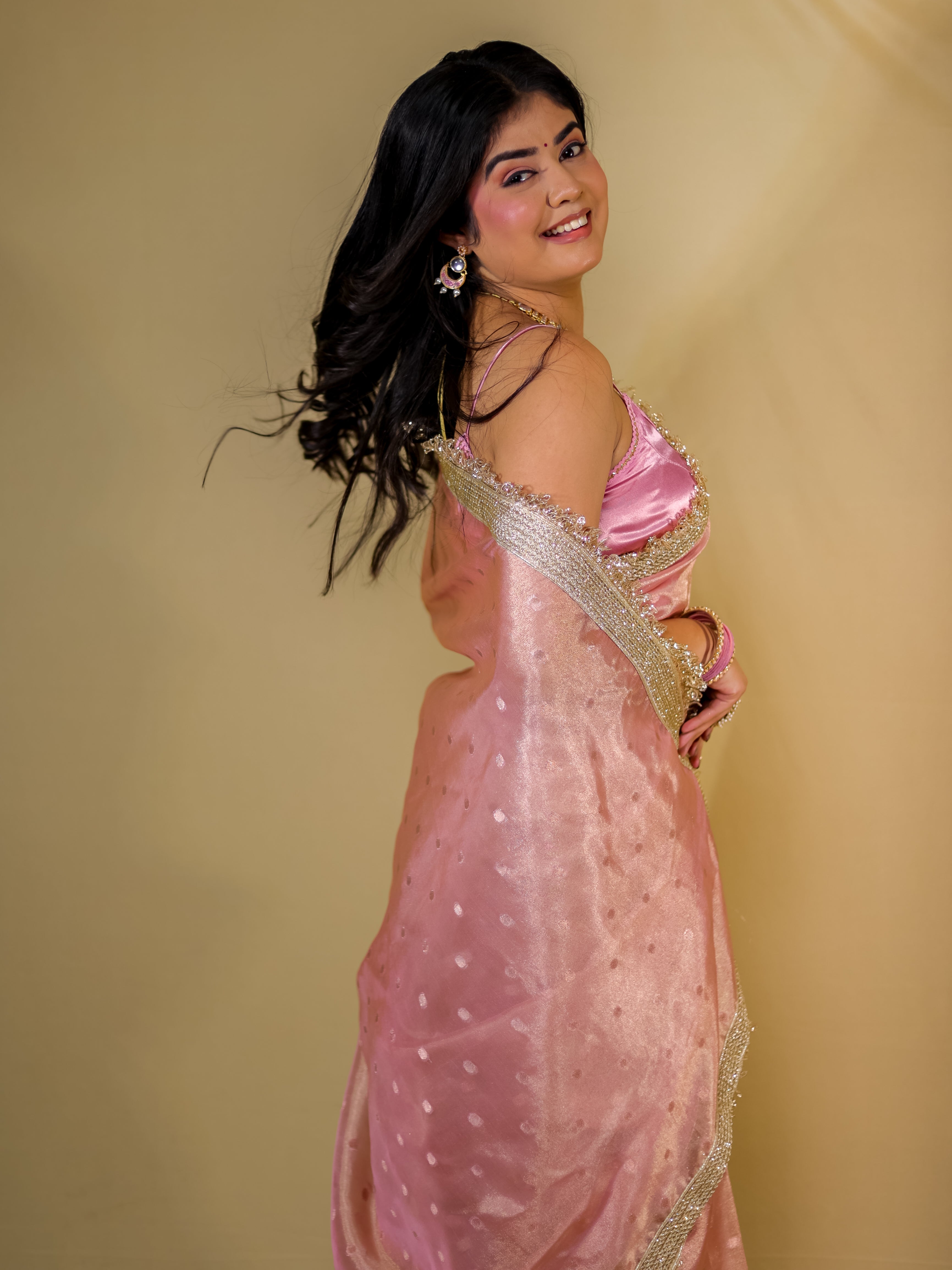 Banarasi Tissue Saree With Buti Weaving & Lace Border - Pink