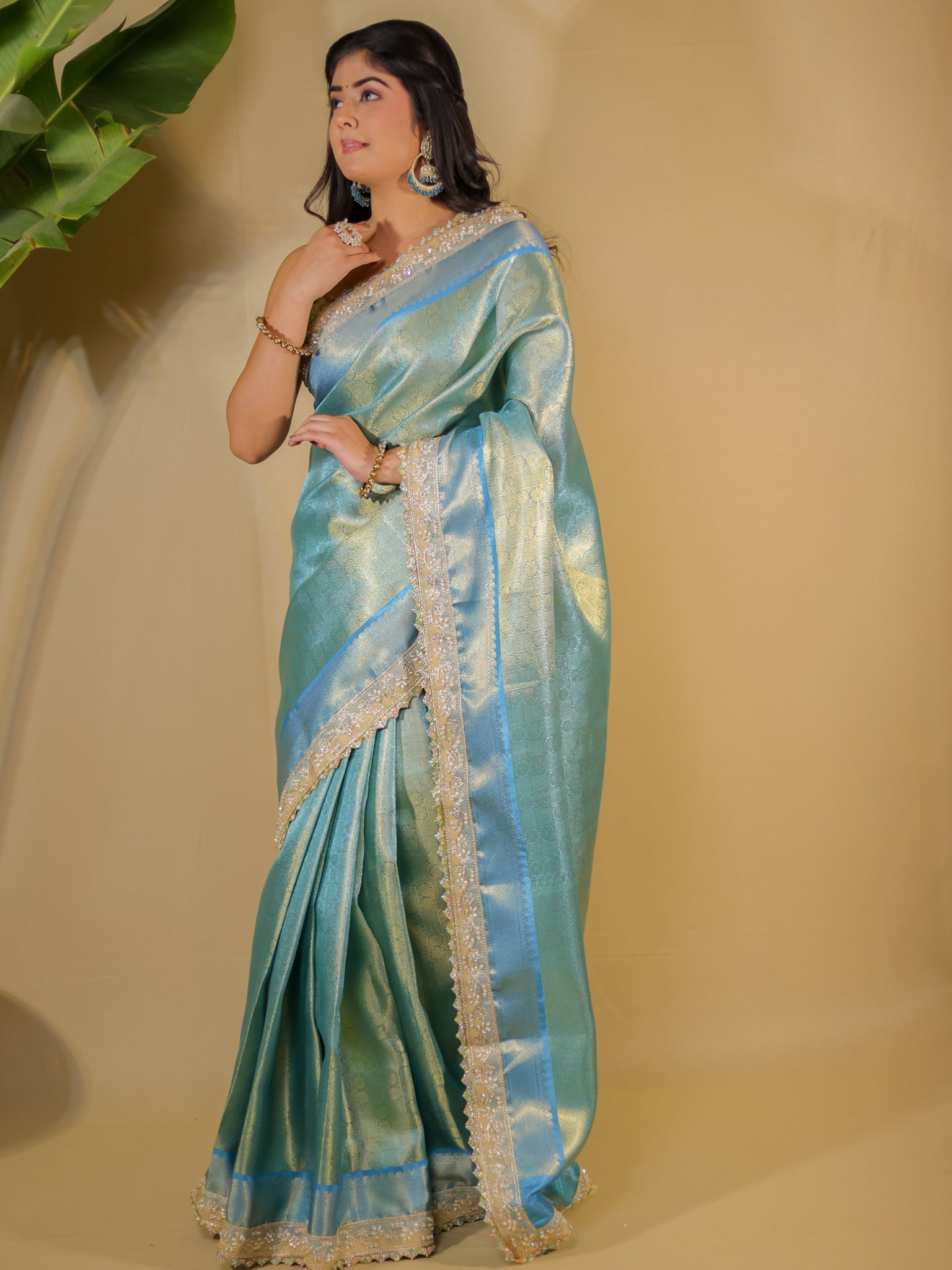 Banarasi Tissue Saree With Lace Border- Blue