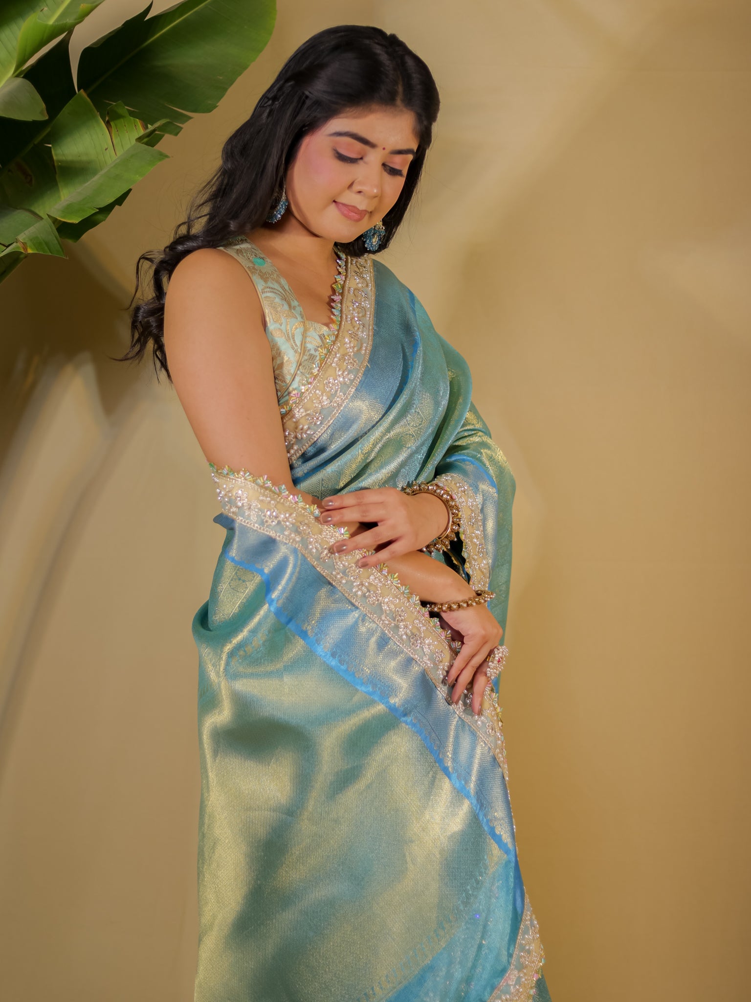 Banarasi Tissue Saree With Lace Border- Blue