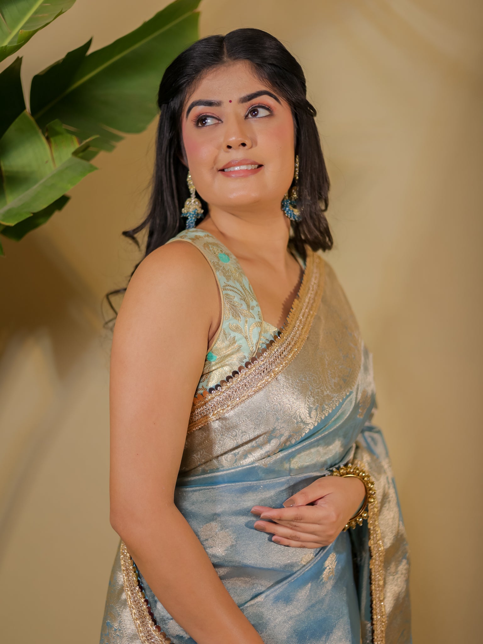 Banarasi Tissue Saree With Buti Weaving & Lace Border - Blue