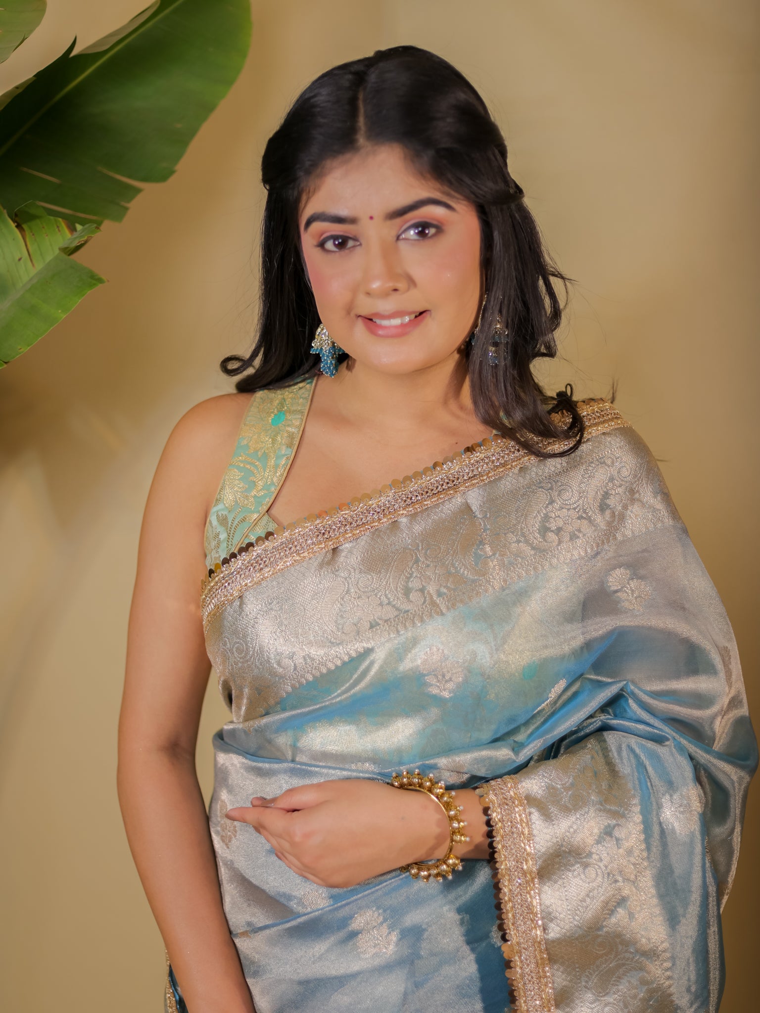 Banarasi Tissue Saree With Buti Weaving & Lace Border - Blue