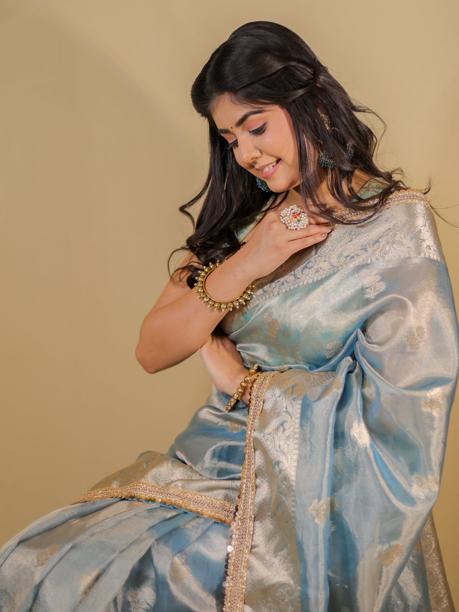 Banarasi Tissue Saree With Buti Weaving & Lace Border - Blue