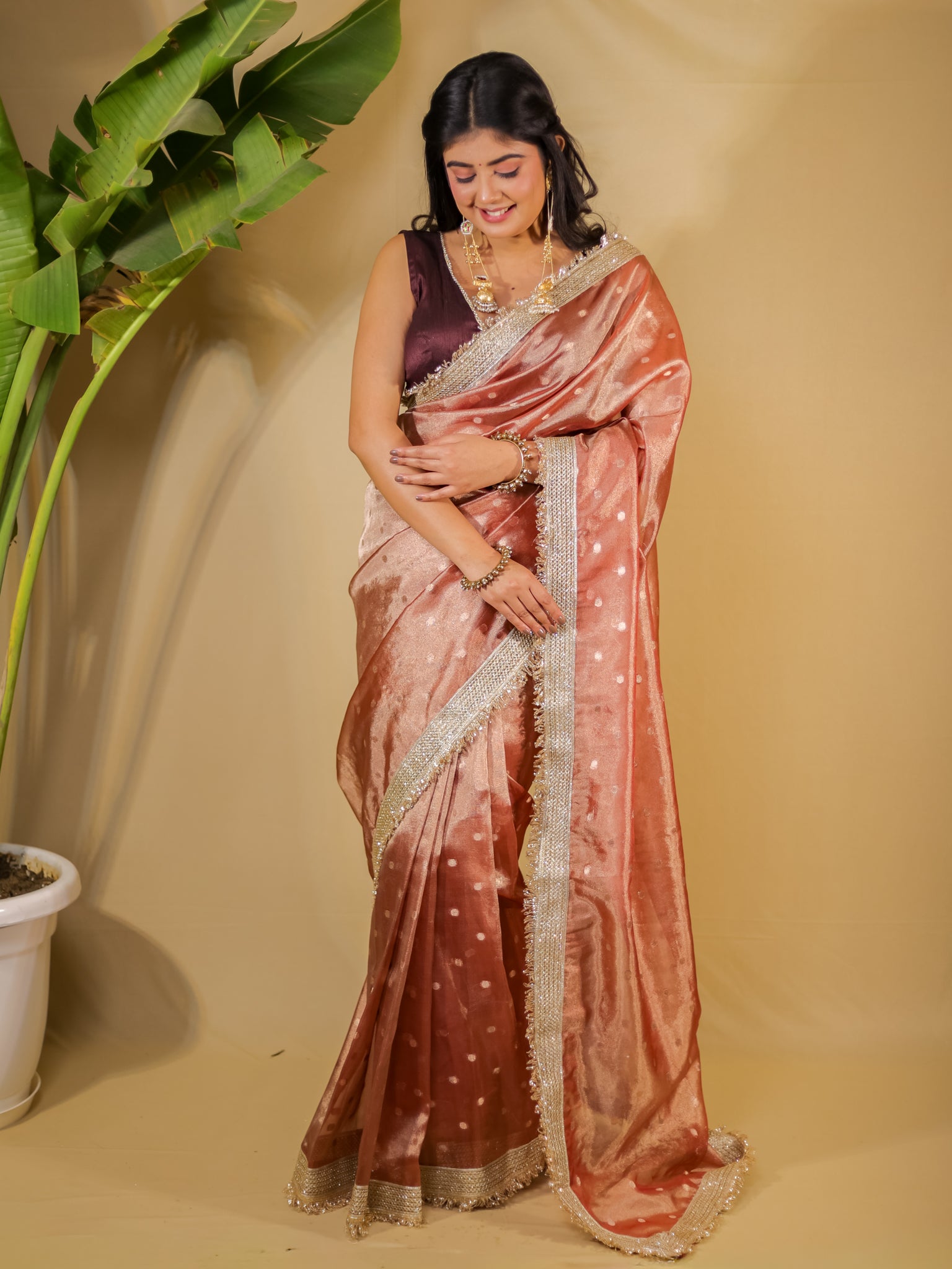 Banarasi Tissue Saree With Buti Weaving & Lace Border
