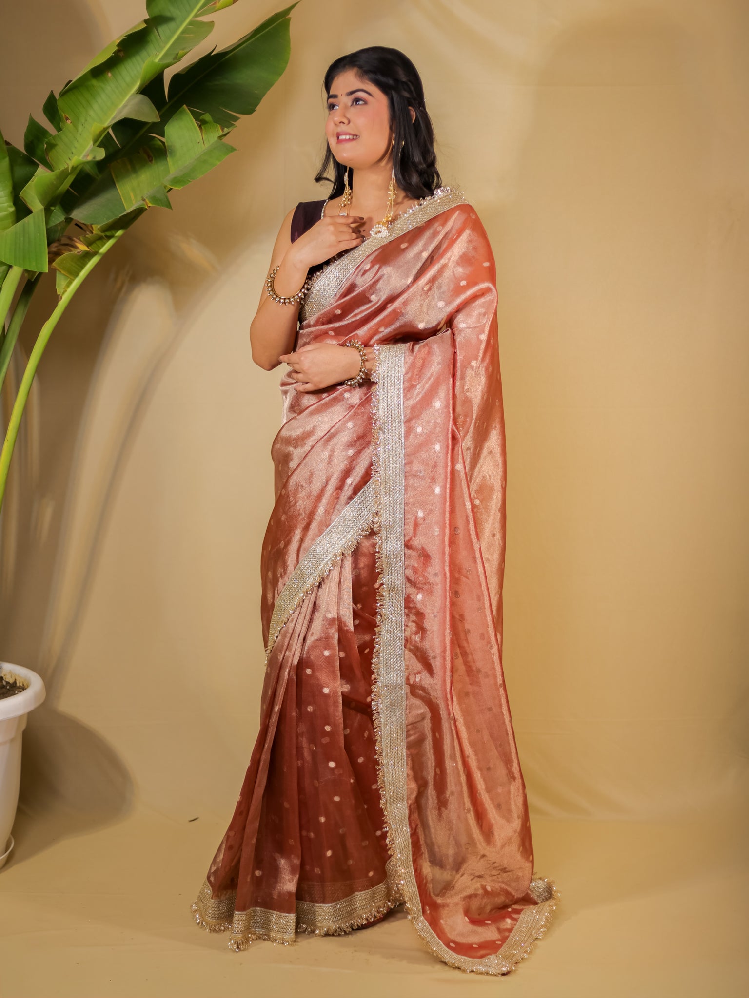 Banarasi Tissue Saree With Buti Weaving & Lace Border