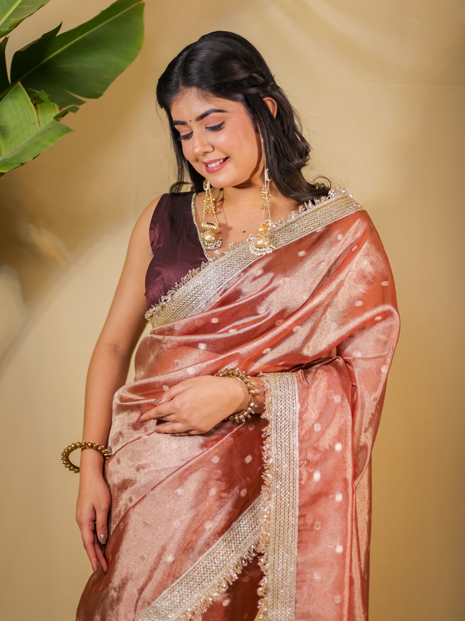 Banarasi Tissue Saree With Buti Weaving & Lace Border