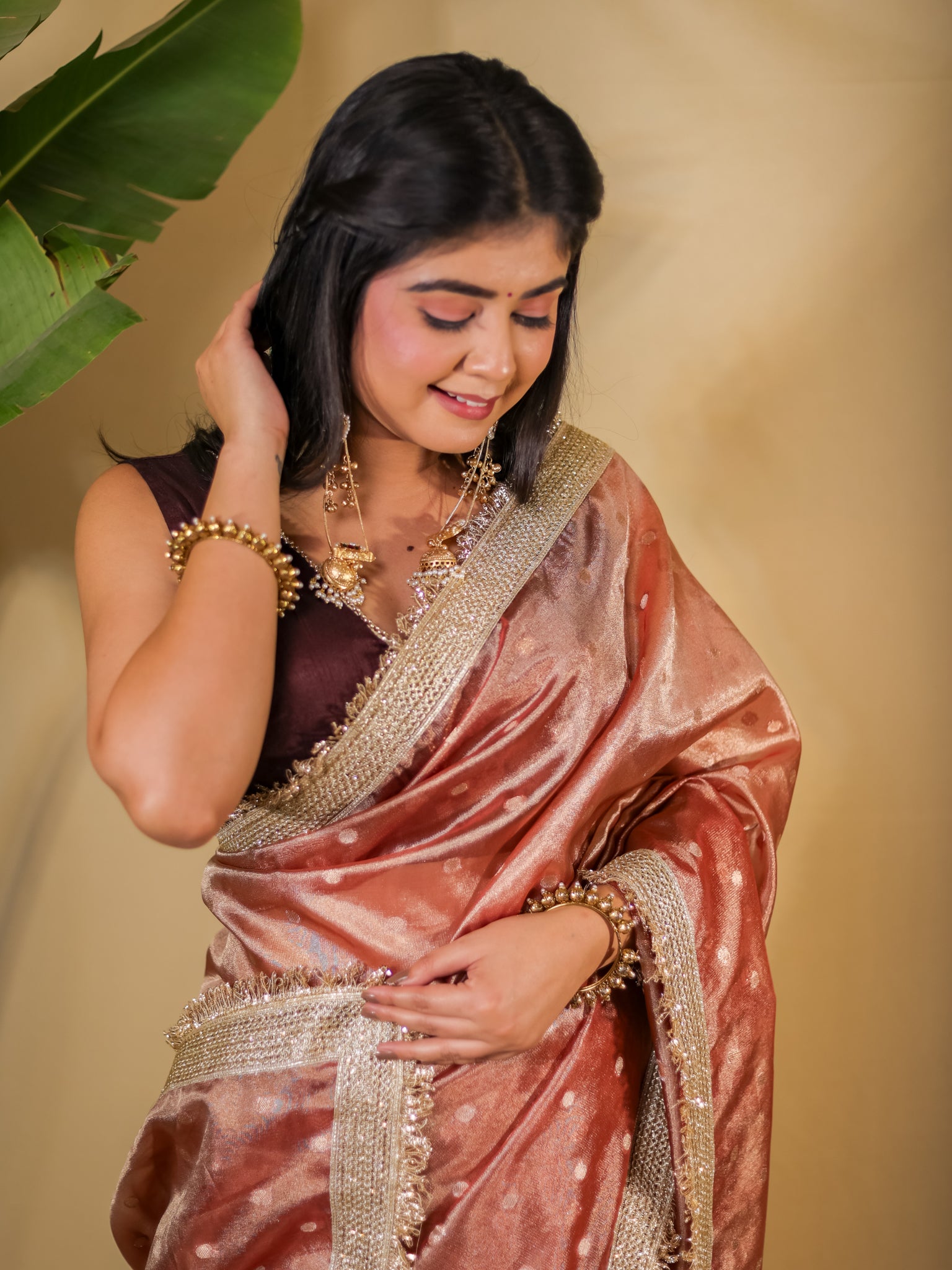 Banarasi Tissue Saree With Buti Weaving & Lace Border