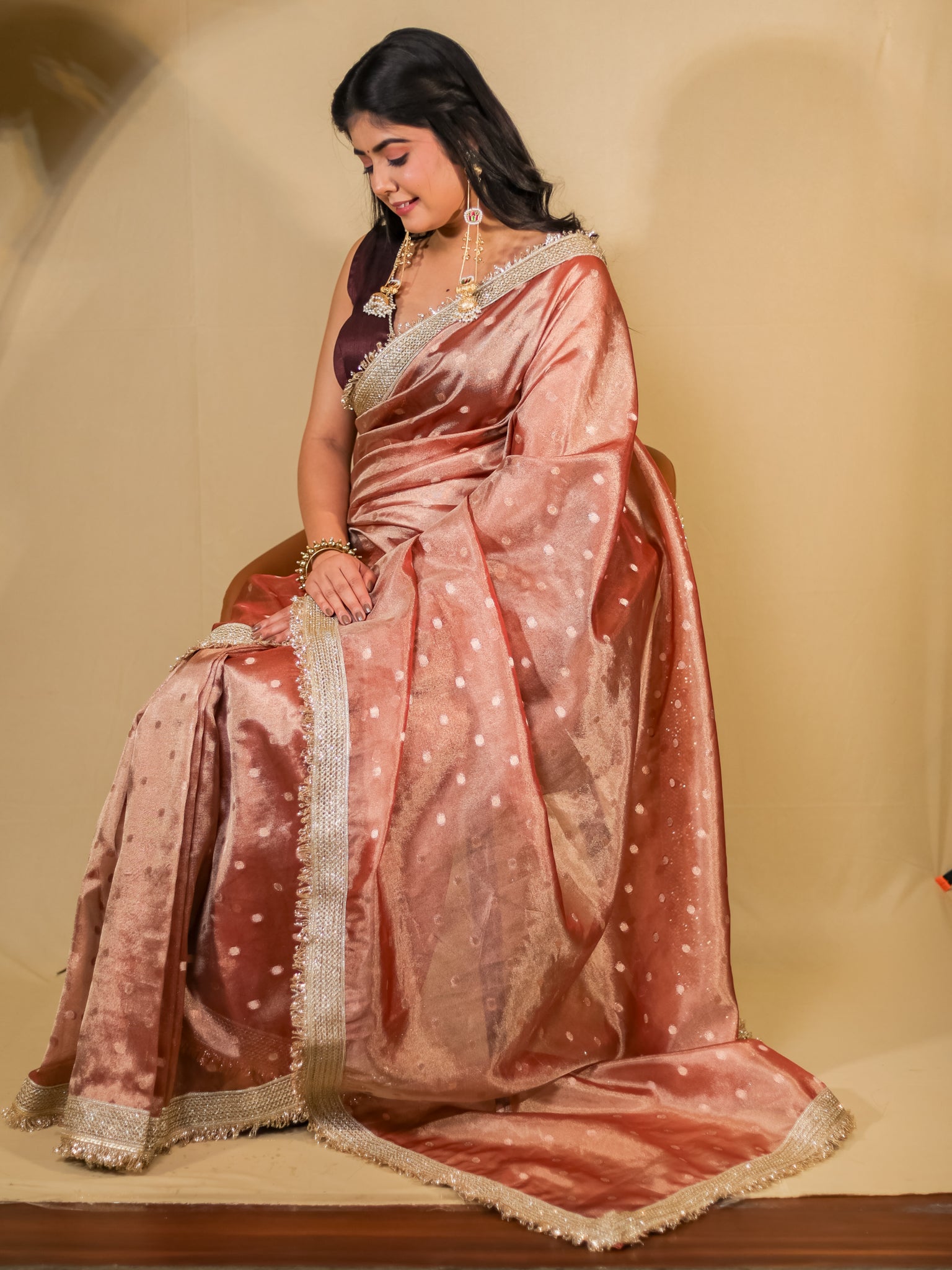 Banarasi Tissue Saree With Buti Weaving & Lace Border