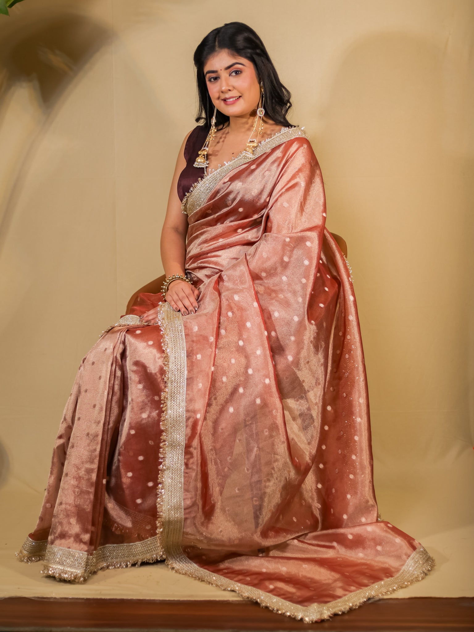 Banarasi Tissue Saree With Buti Weaving & Lace Border