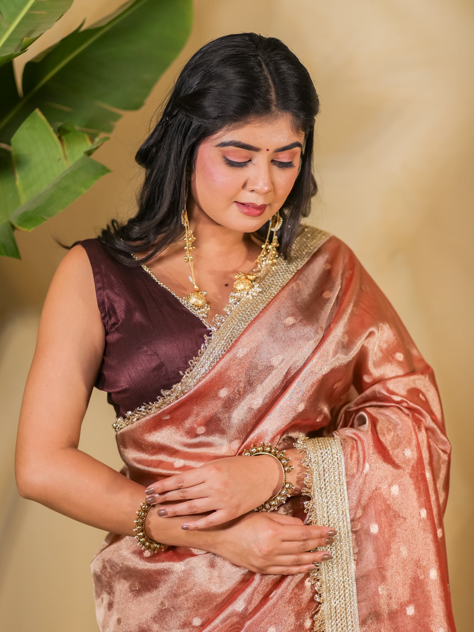 Banarasi Tissue Saree With Buti Weaving & Lace Border