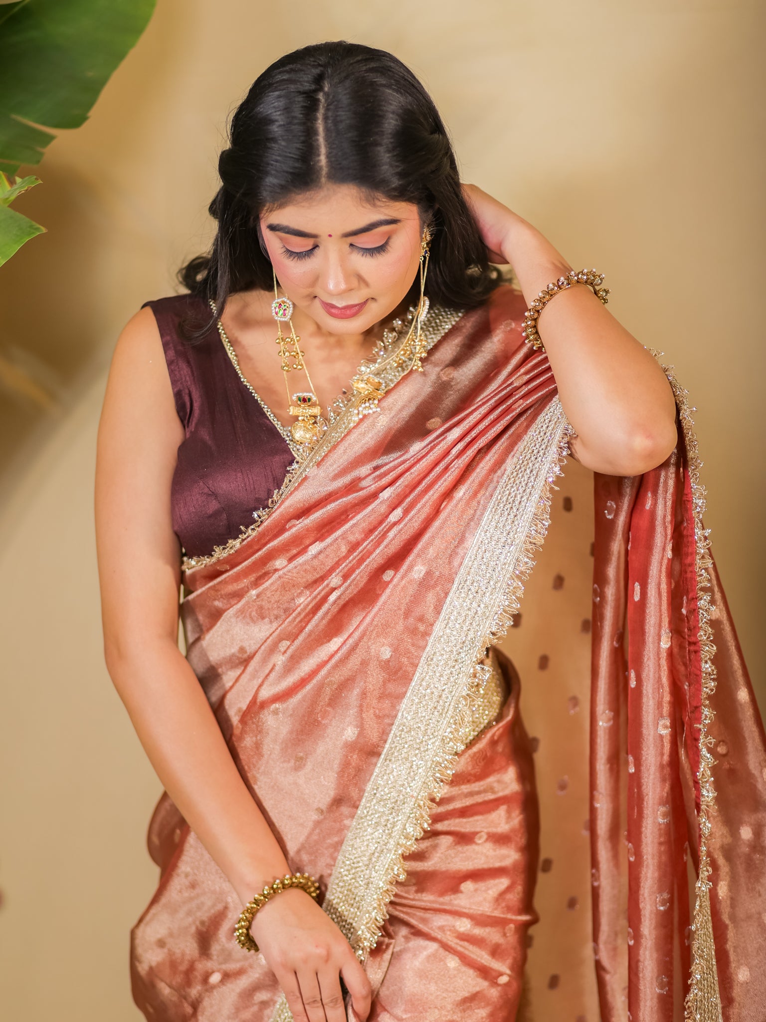 Banarasi Tissue Saree With Buti Weaving & Lace Border