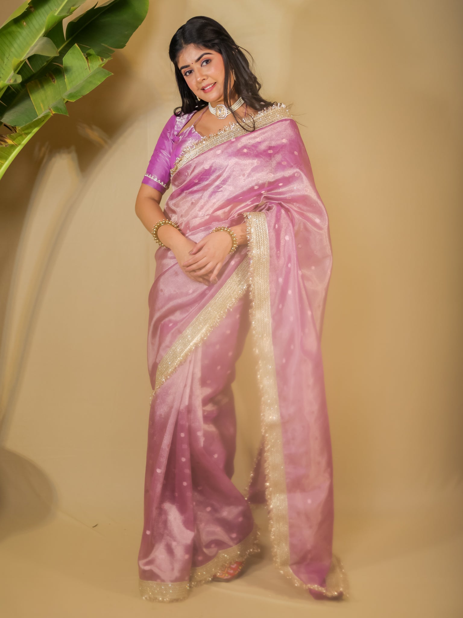 Banarasi Tissue Saree With Buti Weaving & Lace Border - Pink