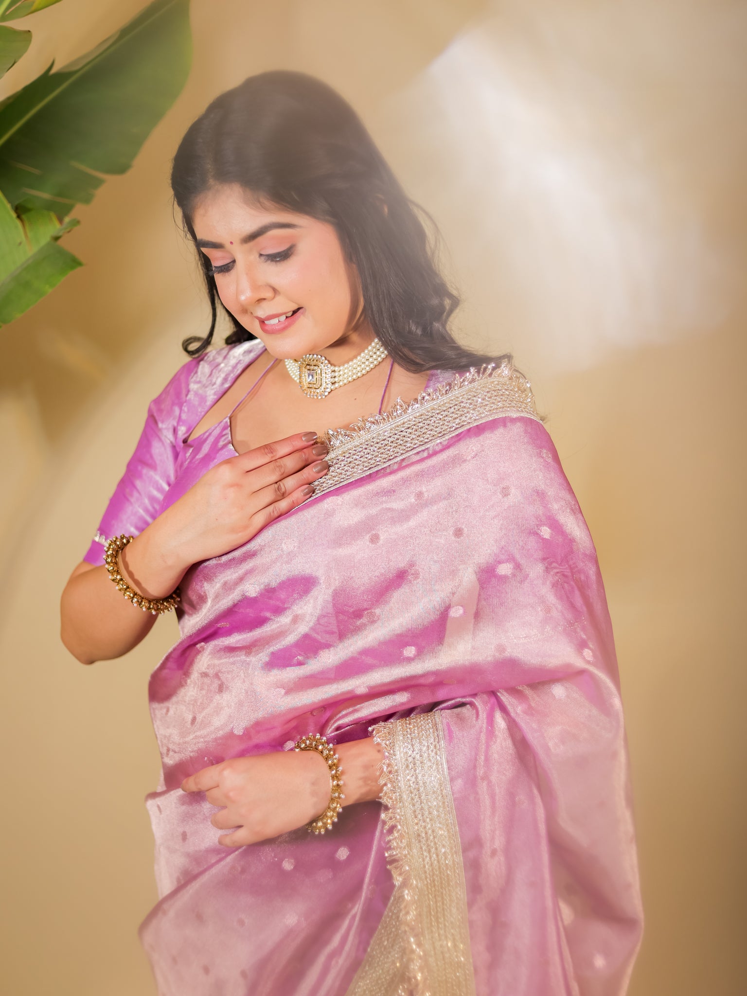 Banarasi Tissue Saree With Buti Weaving & Lace Border - Pink