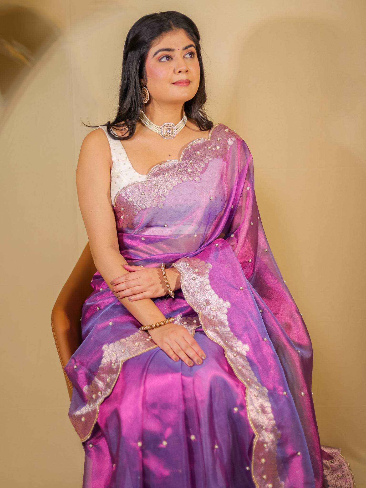 Banarasi Tissue Saree With Zari Weaving & Scallop Border - Purple