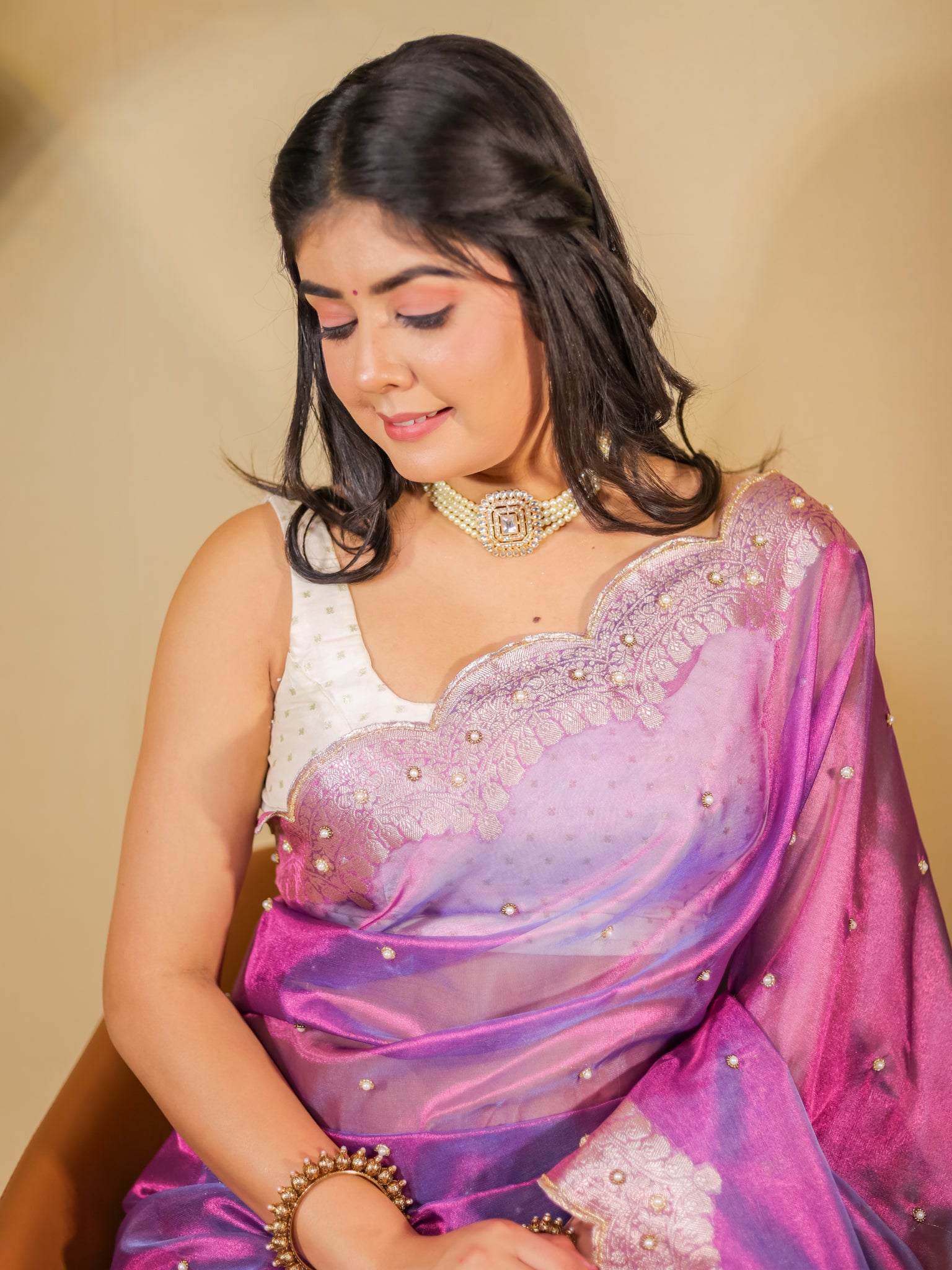 Banarasi Tissue Saree With Zari Weaving & Scallop Border - Purple