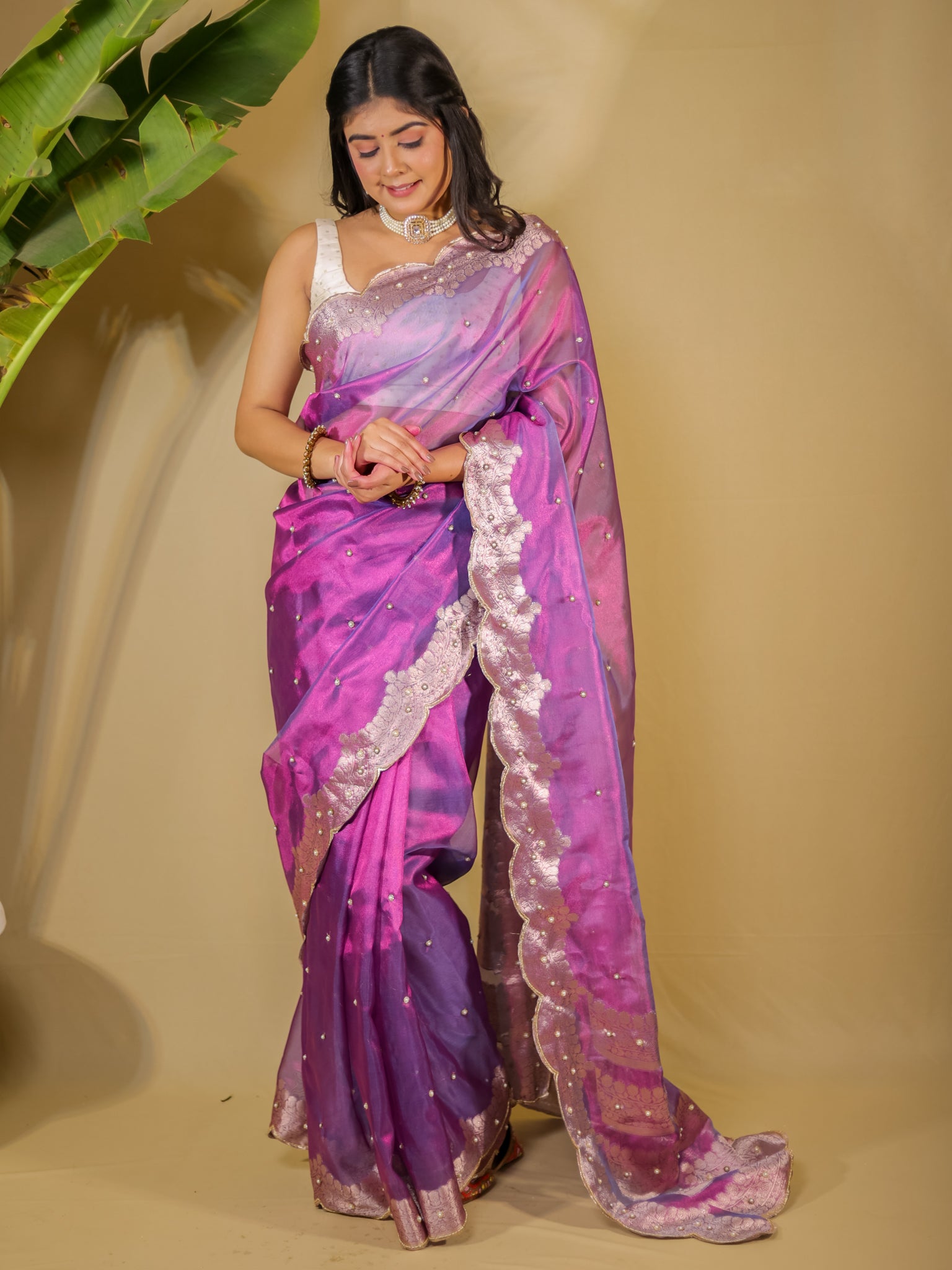 Banarasi Tissue Saree With Zari Weaving & Scallop Border - Purple