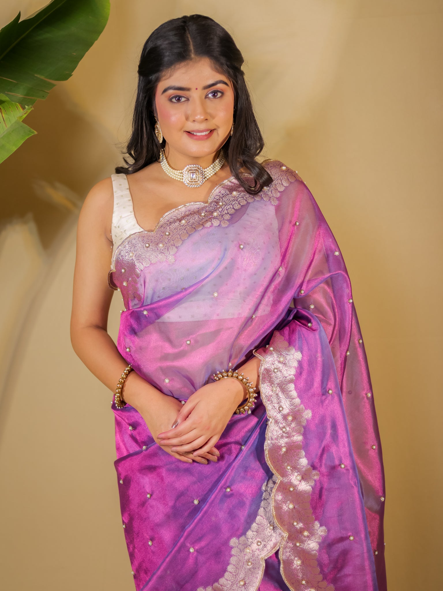 Banarasi Tissue Saree With Zari Weaving & Scallop Border - Purple