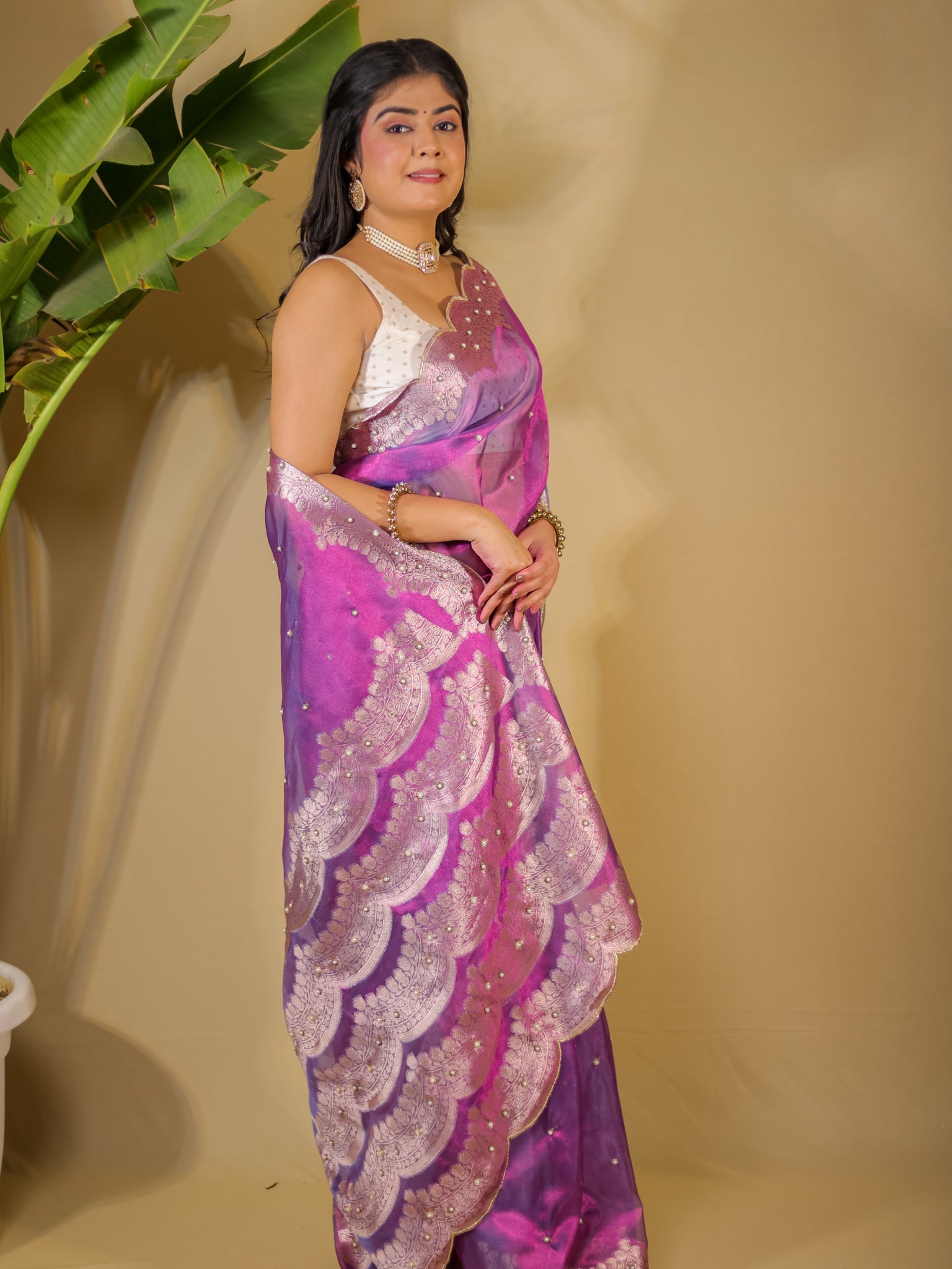 Banarasi Tissue Saree With Zari Weaving & Scallop Border - Purple