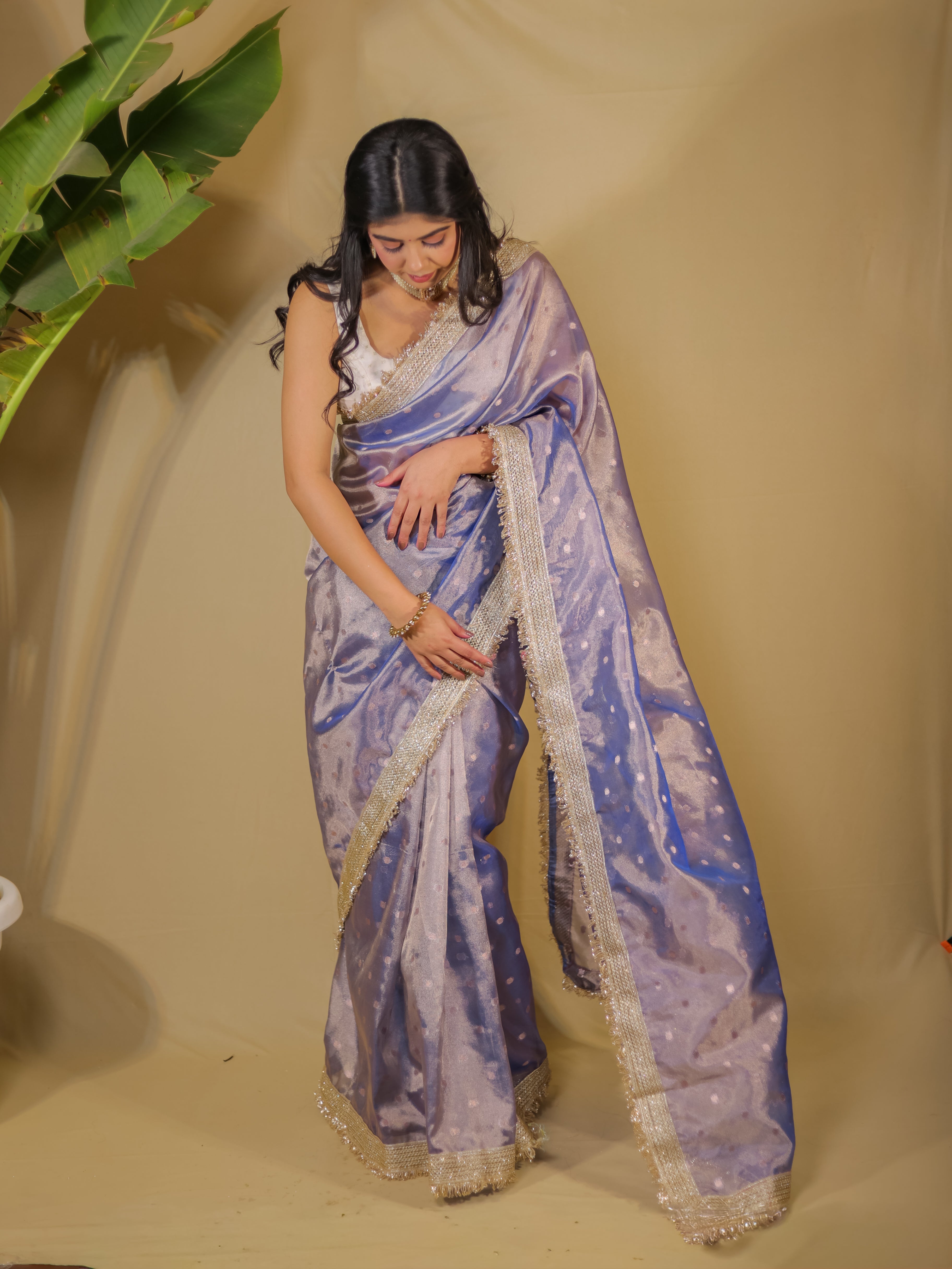 Banarasi Tissue Saree With Buti Weaving & Lace Border - Blue
