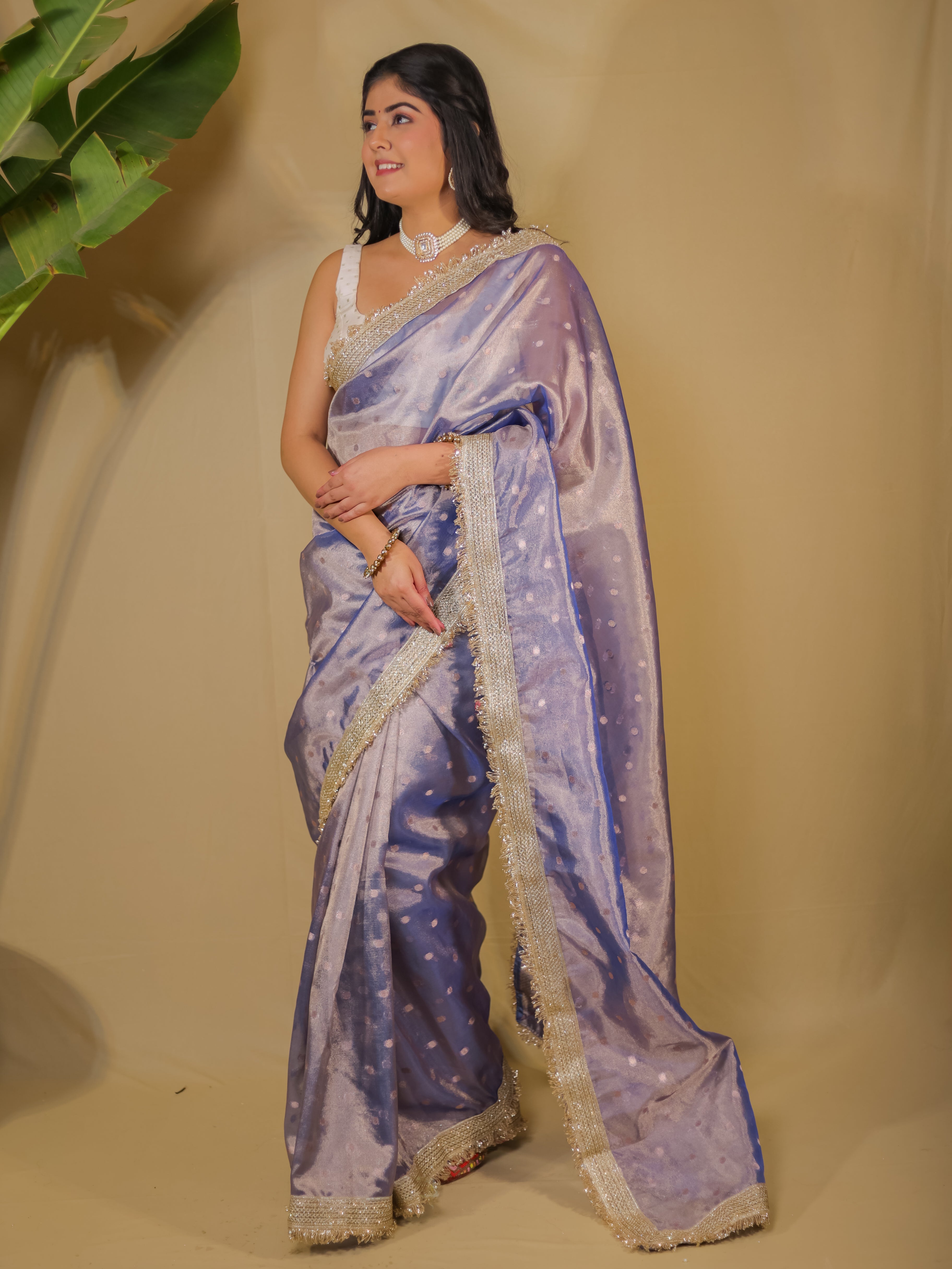 Banarasi Tissue Saree With Buti Weaving & Lace Border - Blue
