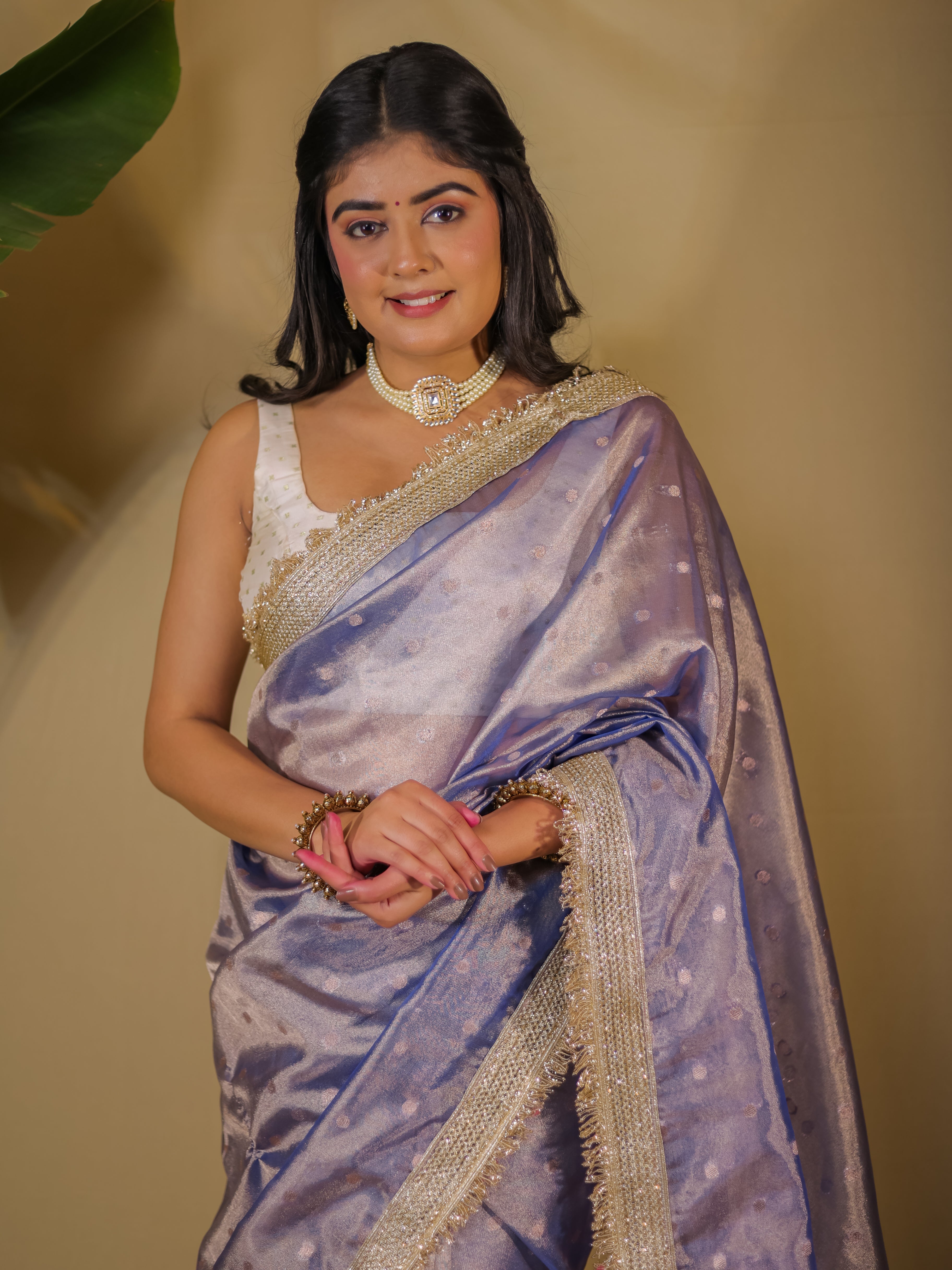 Banarasi Tissue Saree With Buti Weaving & Lace Border - Blue