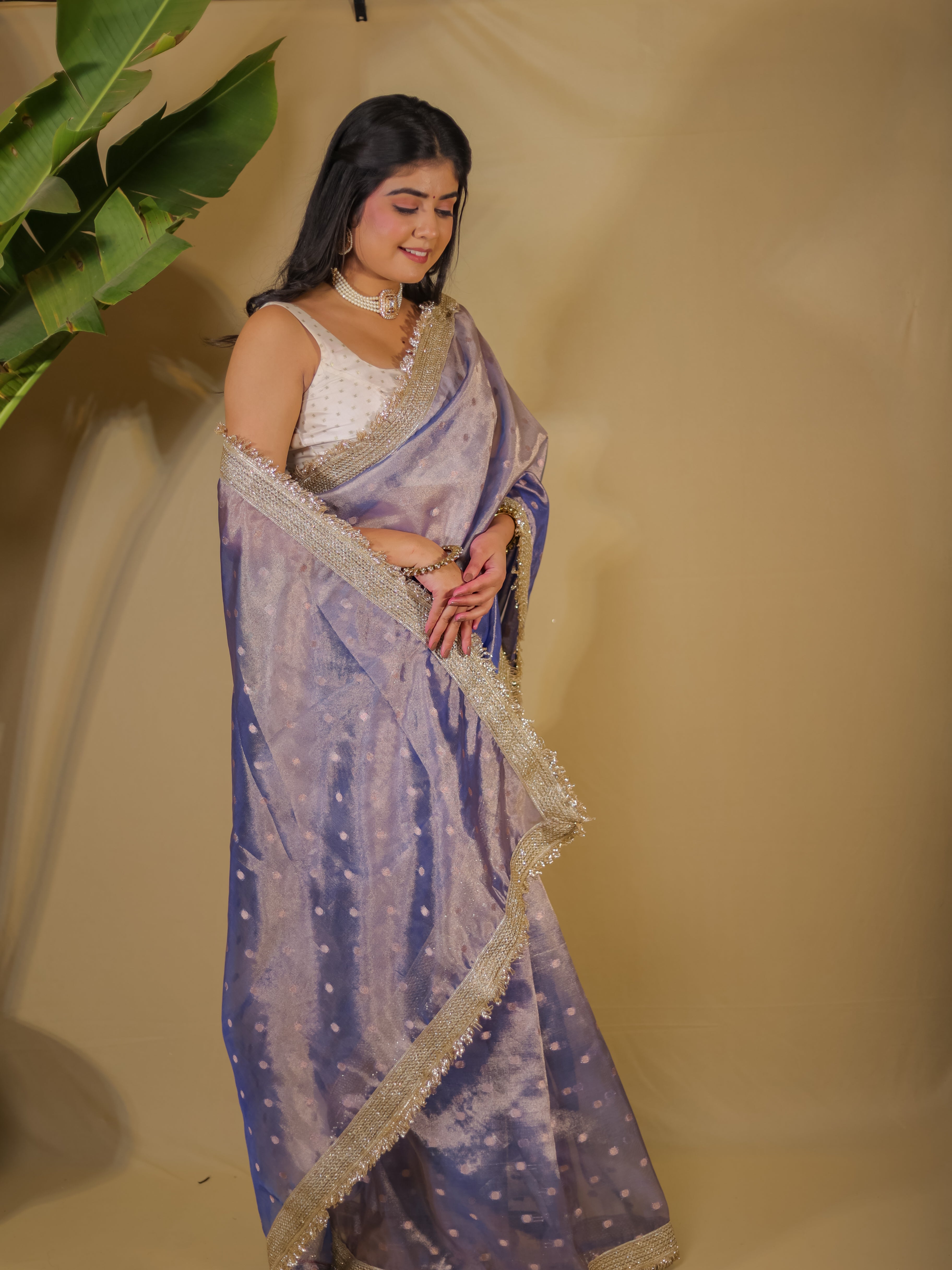 Banarasi Tissue Saree With Buti Weaving & Lace Border - Blue
