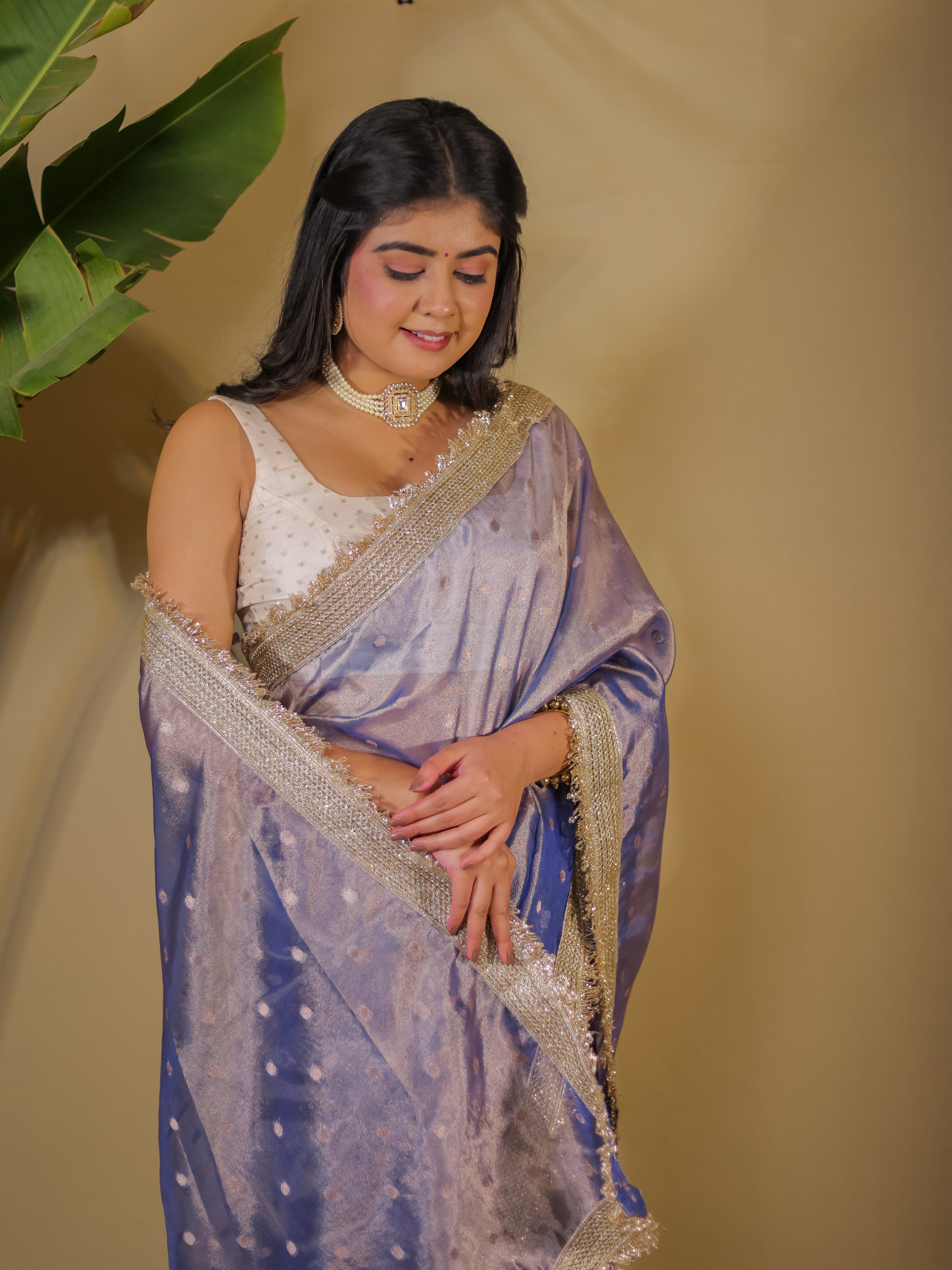 Banarasi Tissue Saree With Buti Weaving & Lace Border - Blue