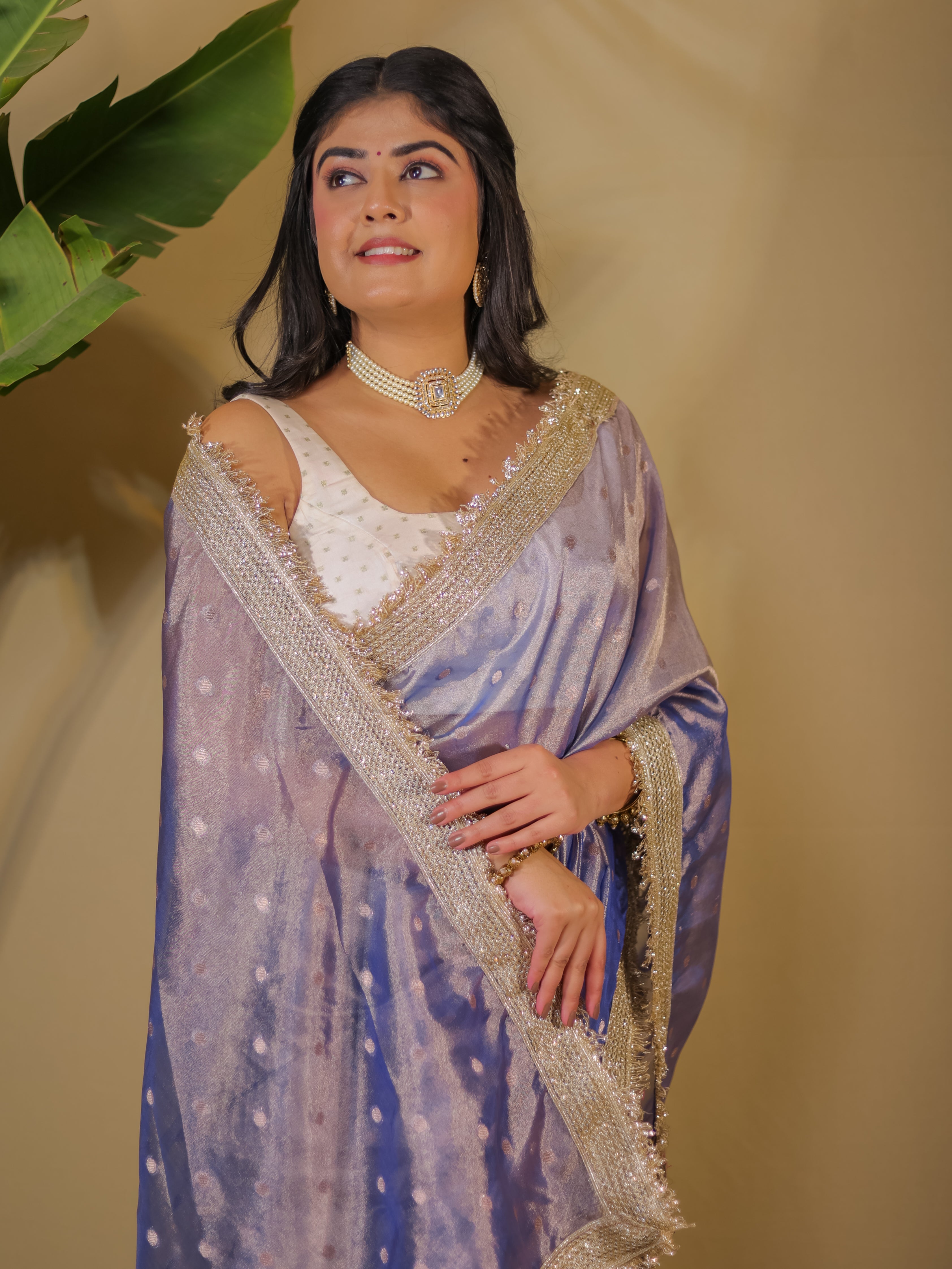 Banarasi Tissue Saree With Buti Weaving & Lace Border - Blue
