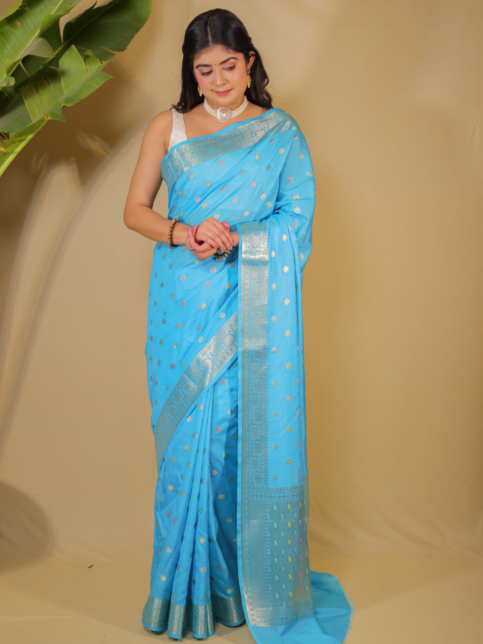 Banarasi Semi Silk Saree With Zari Weaving & Border-Blue