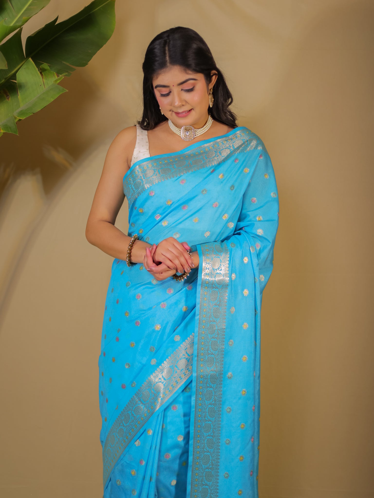 Banarasi Semi Silk Saree With Zari Weaving & Border-Blue