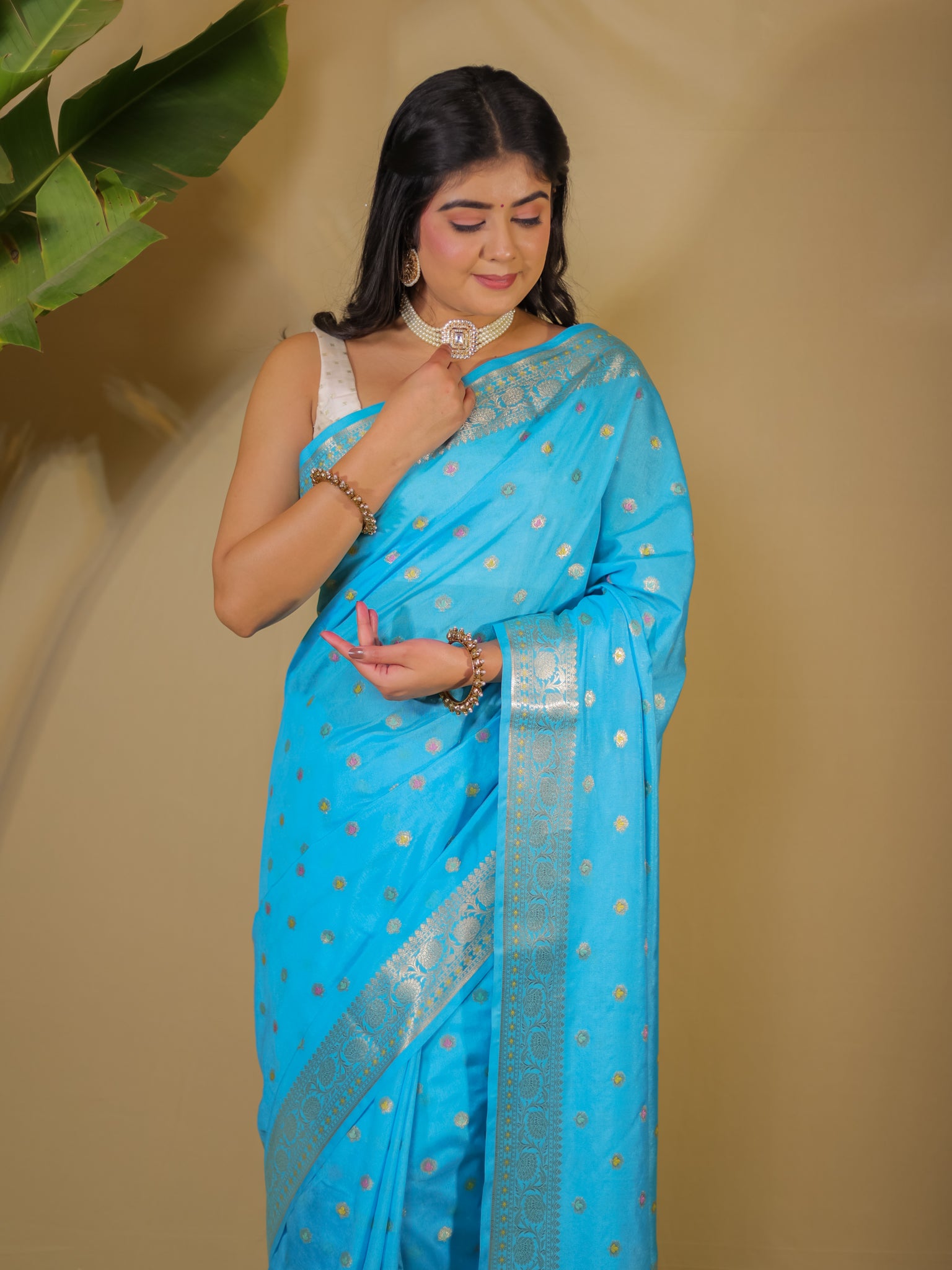 Banarasi Semi Silk Saree With Zari Weaving & Border-Blue
