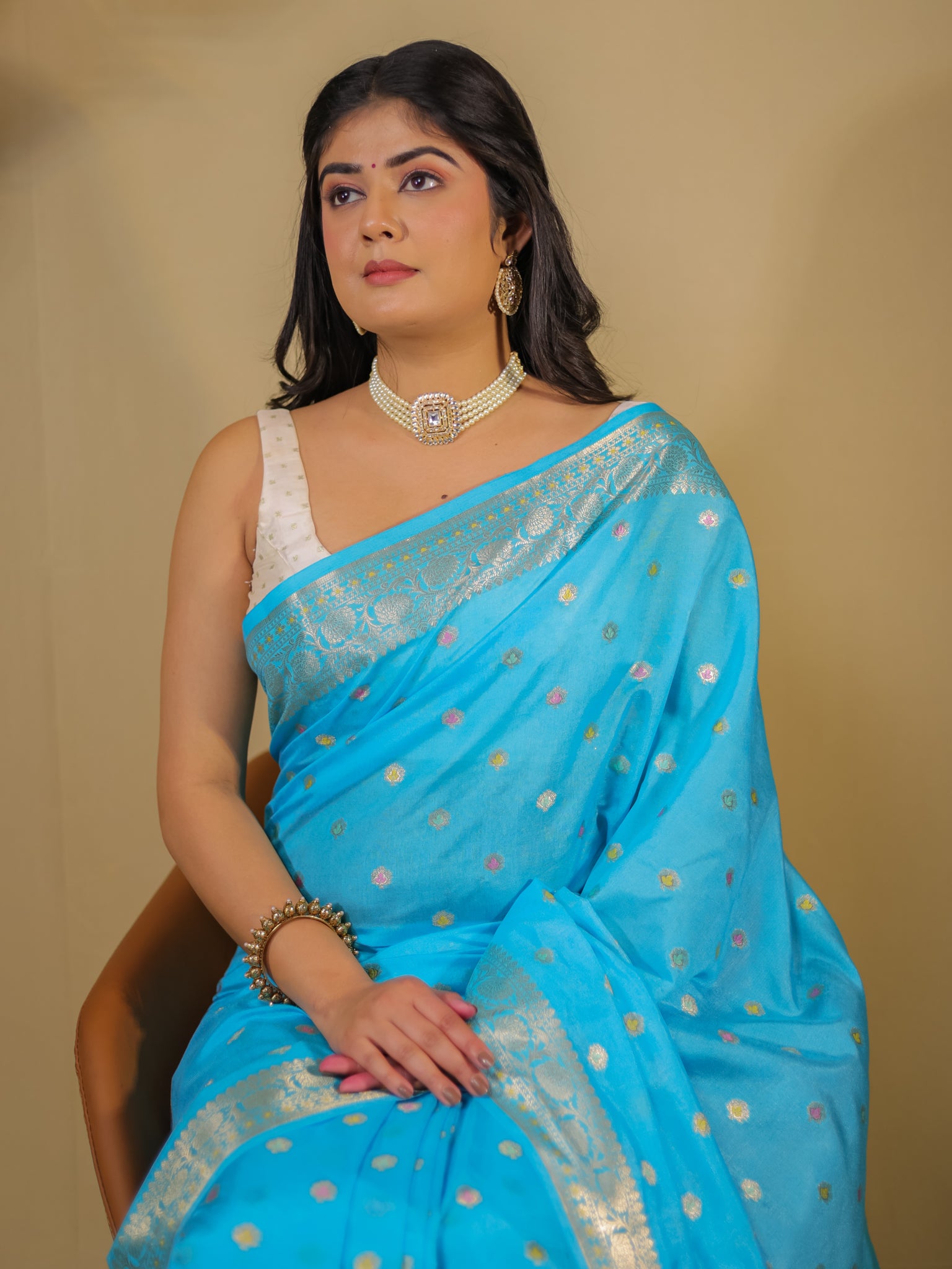 Banarasi Semi Silk Saree With Zari Weaving & Border-Blue