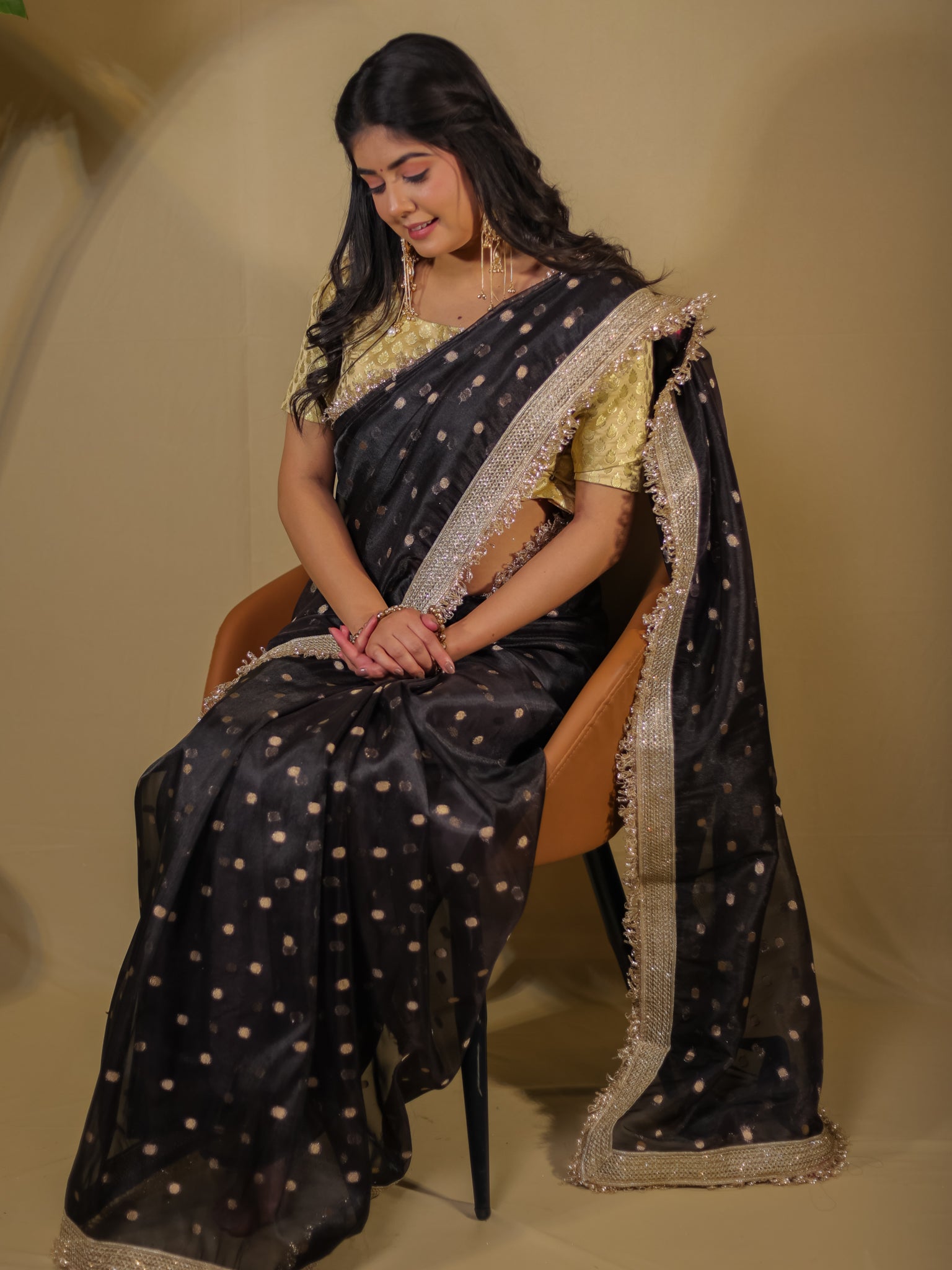Banarasi Tissue Saree With Buti Weaving & Lace Border - Black