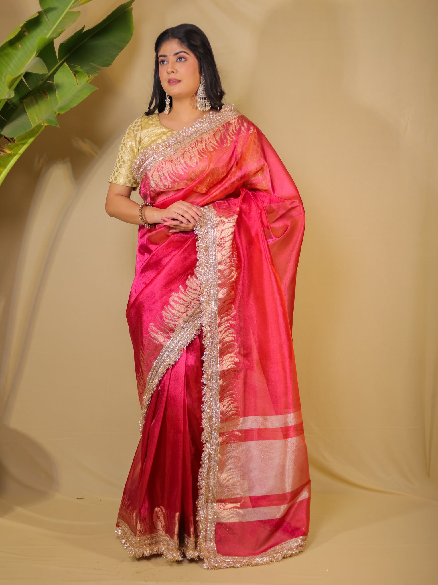 Banarasi Tissue Saree With Lace Border - Magenta