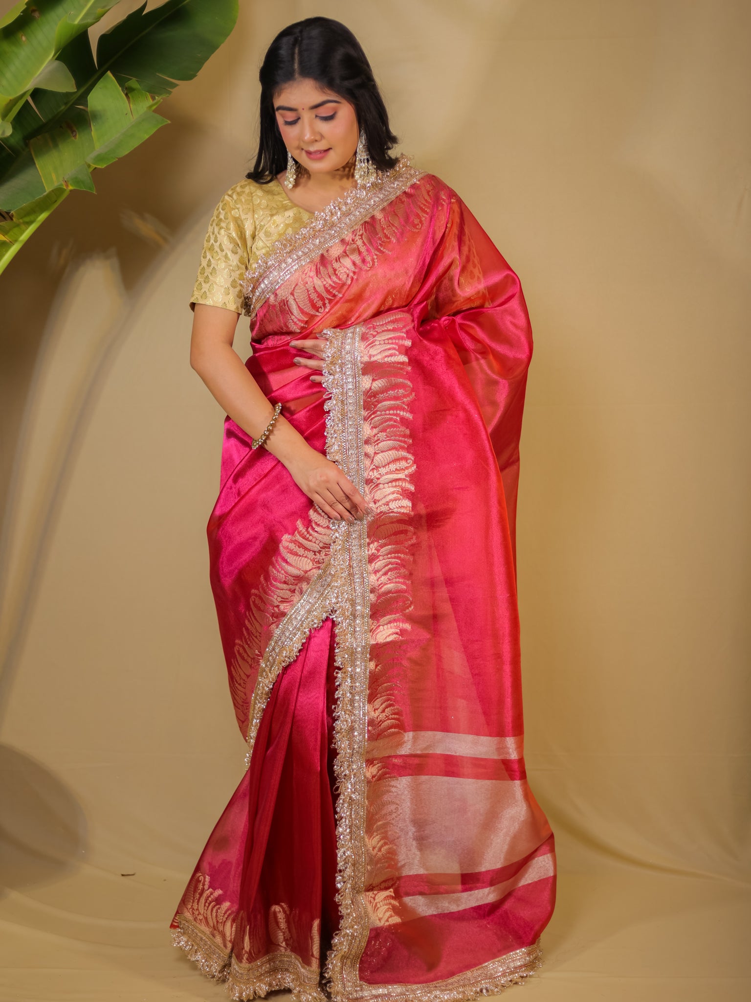 Banarasi Tissue Saree With Lace Border - Magenta