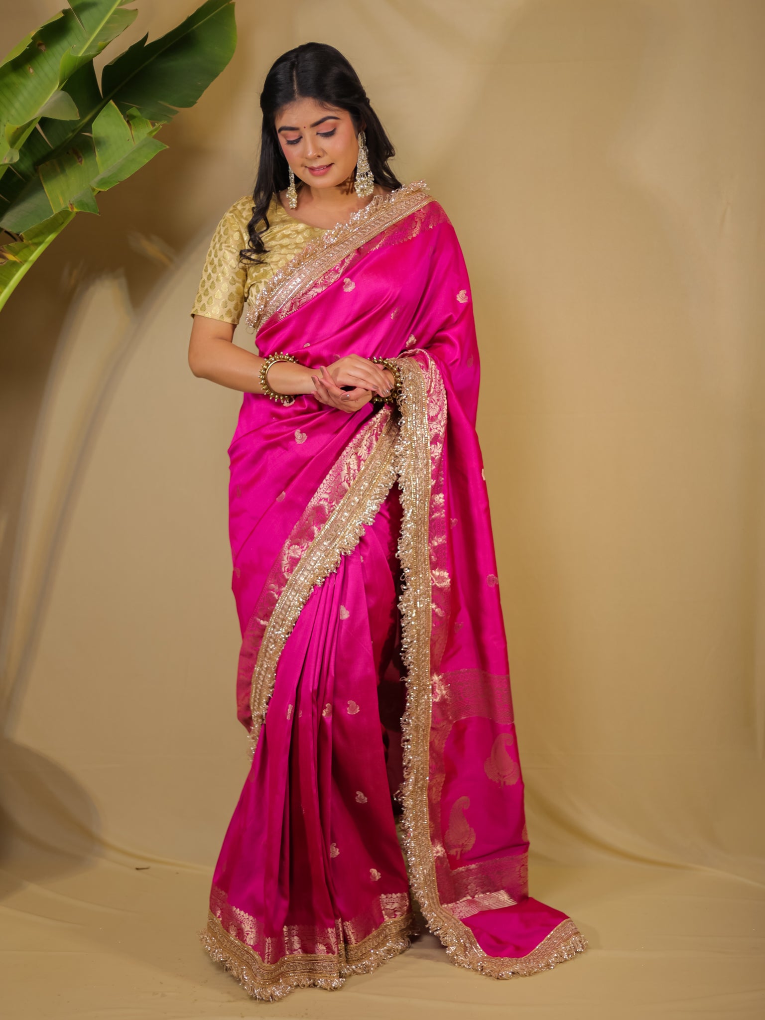 Banarasi Semi Silk Saree With Buti Zari Weaving & Lace  Border - Pink