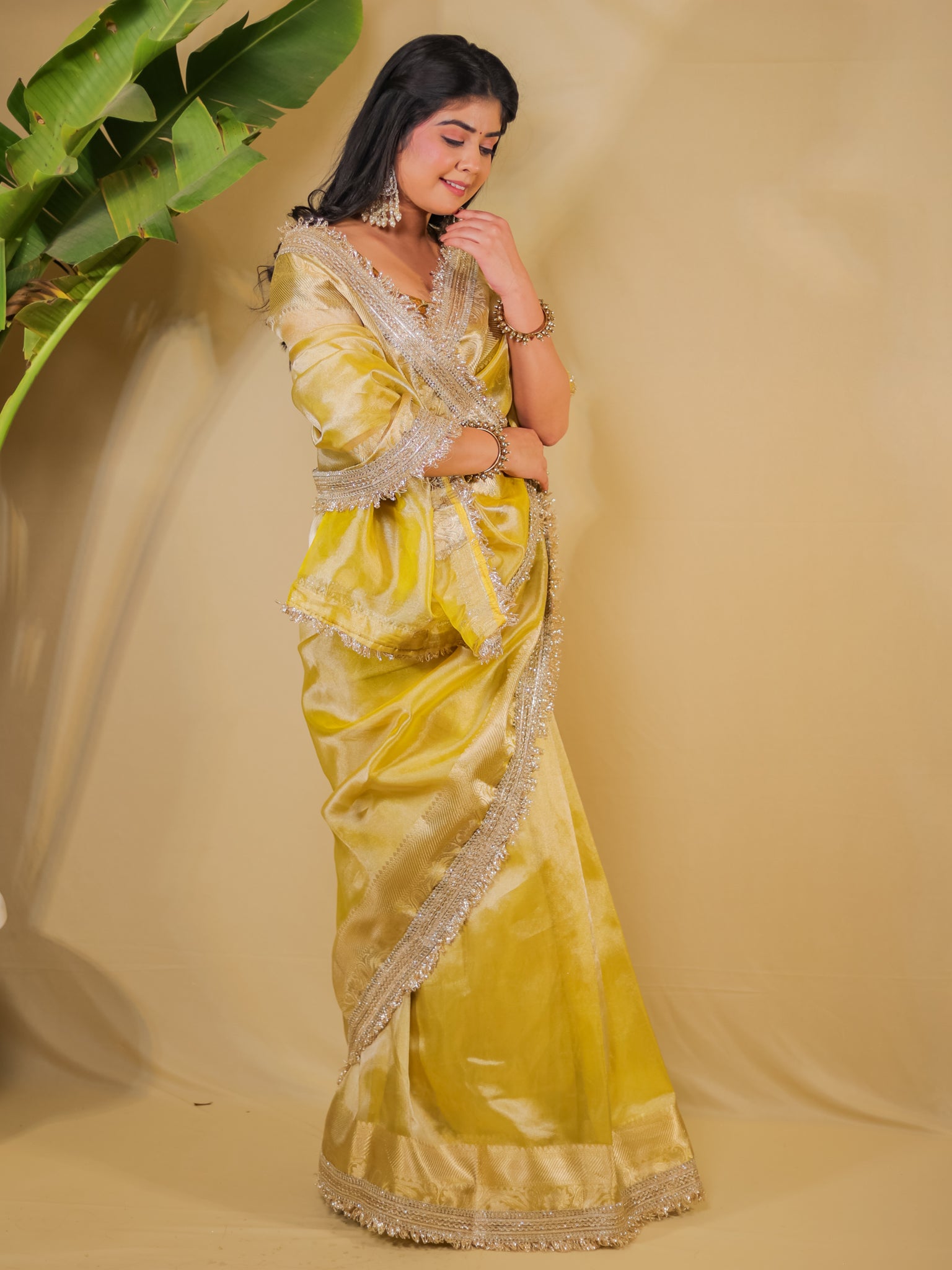 Banarasi Tissue Saree With Lace Border - Golden