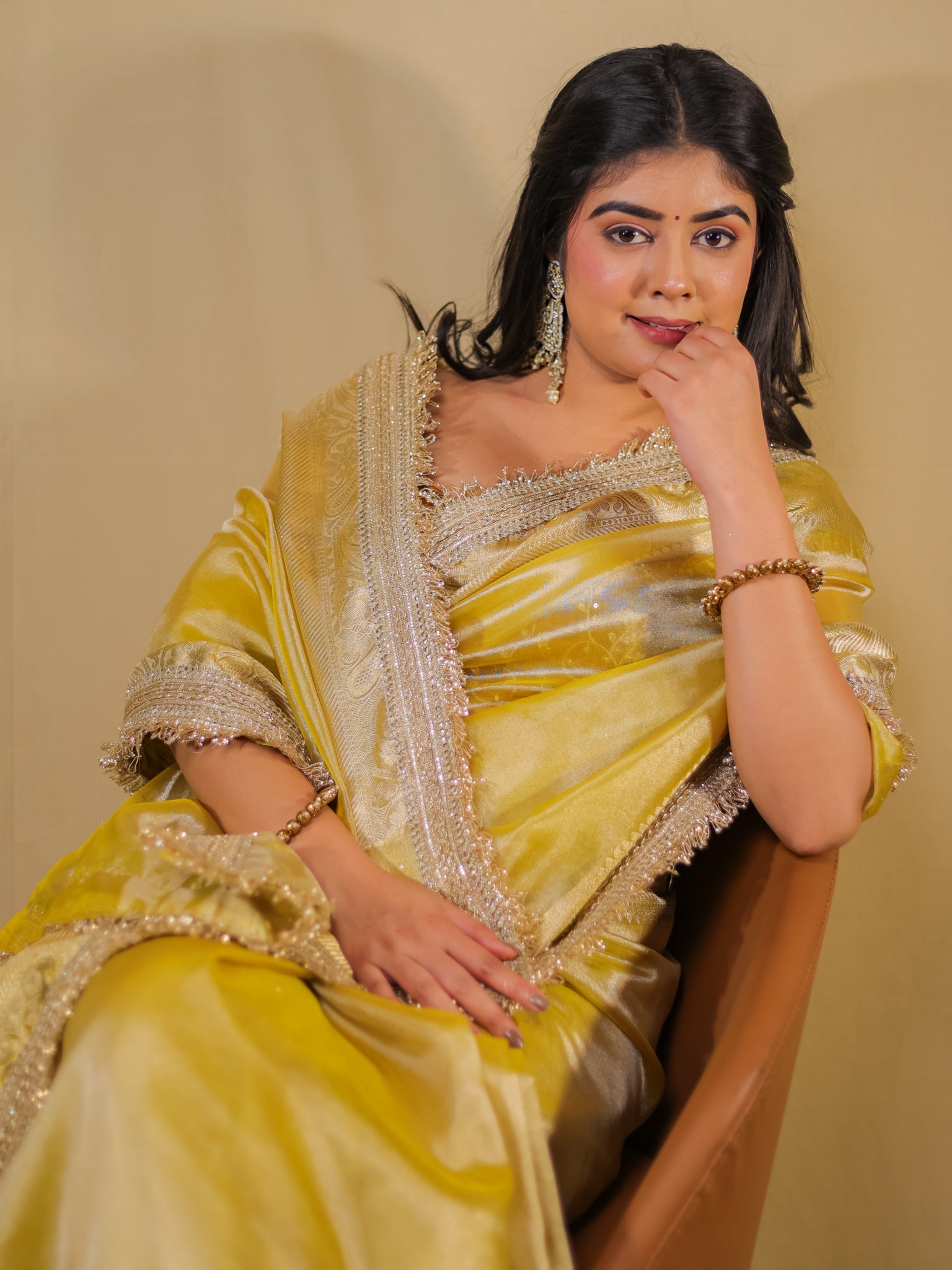 Banarasi Tissue Saree With Lace Border - Golden