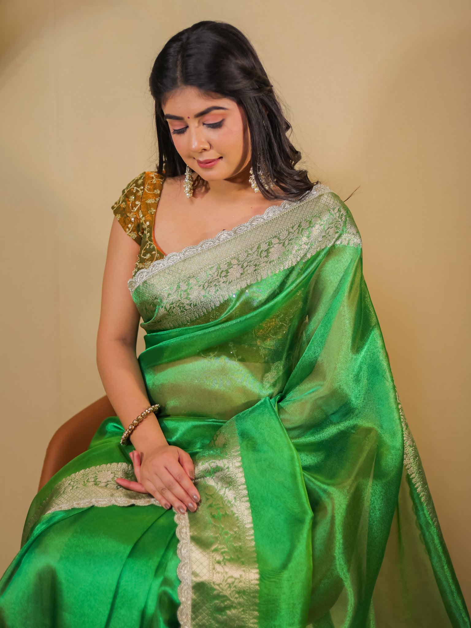 Banarasi Plain Tissue Saree With Lace Border - Green
