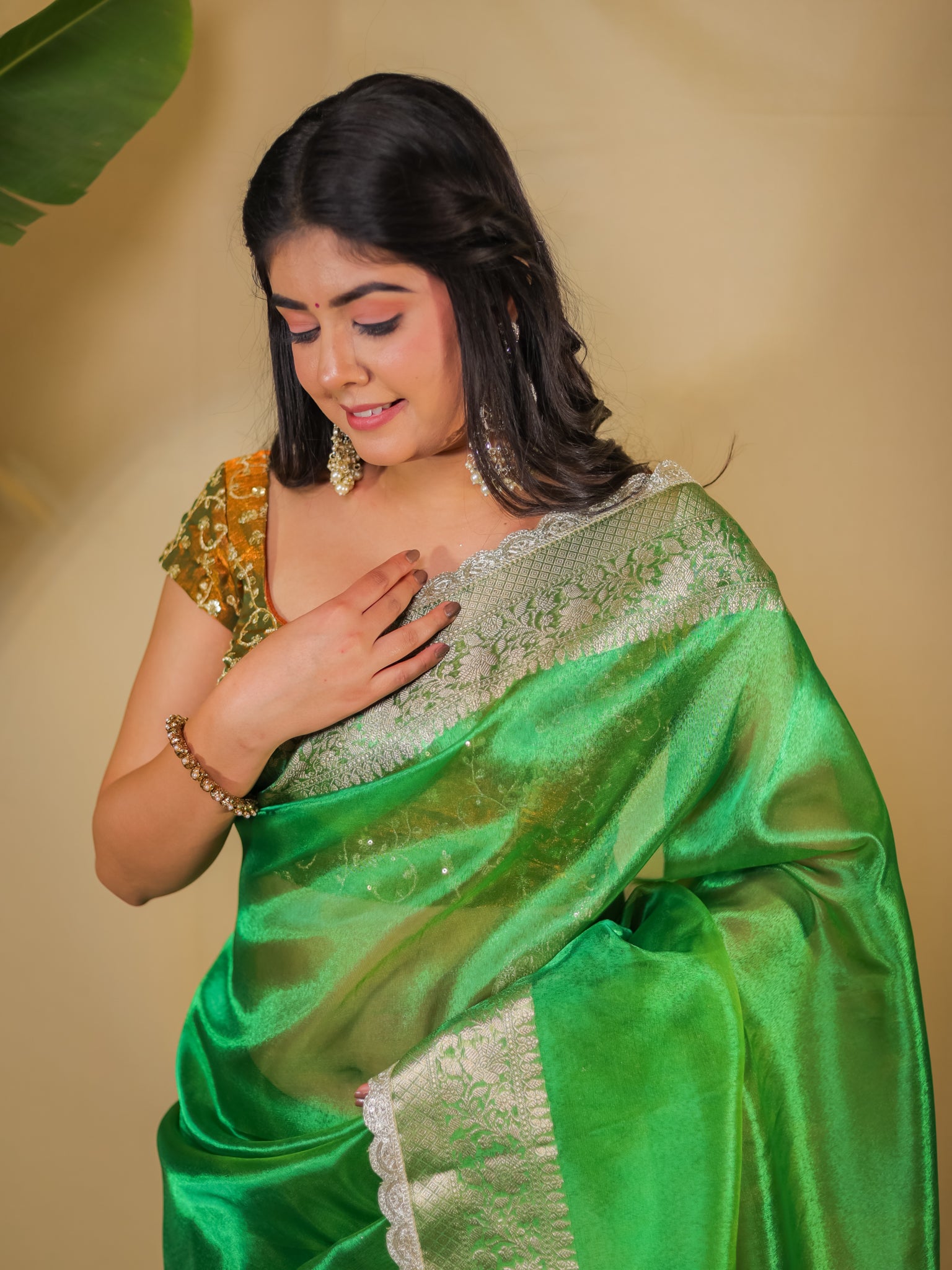 Banarasi Plain Tissue Saree With Lace Border - Green