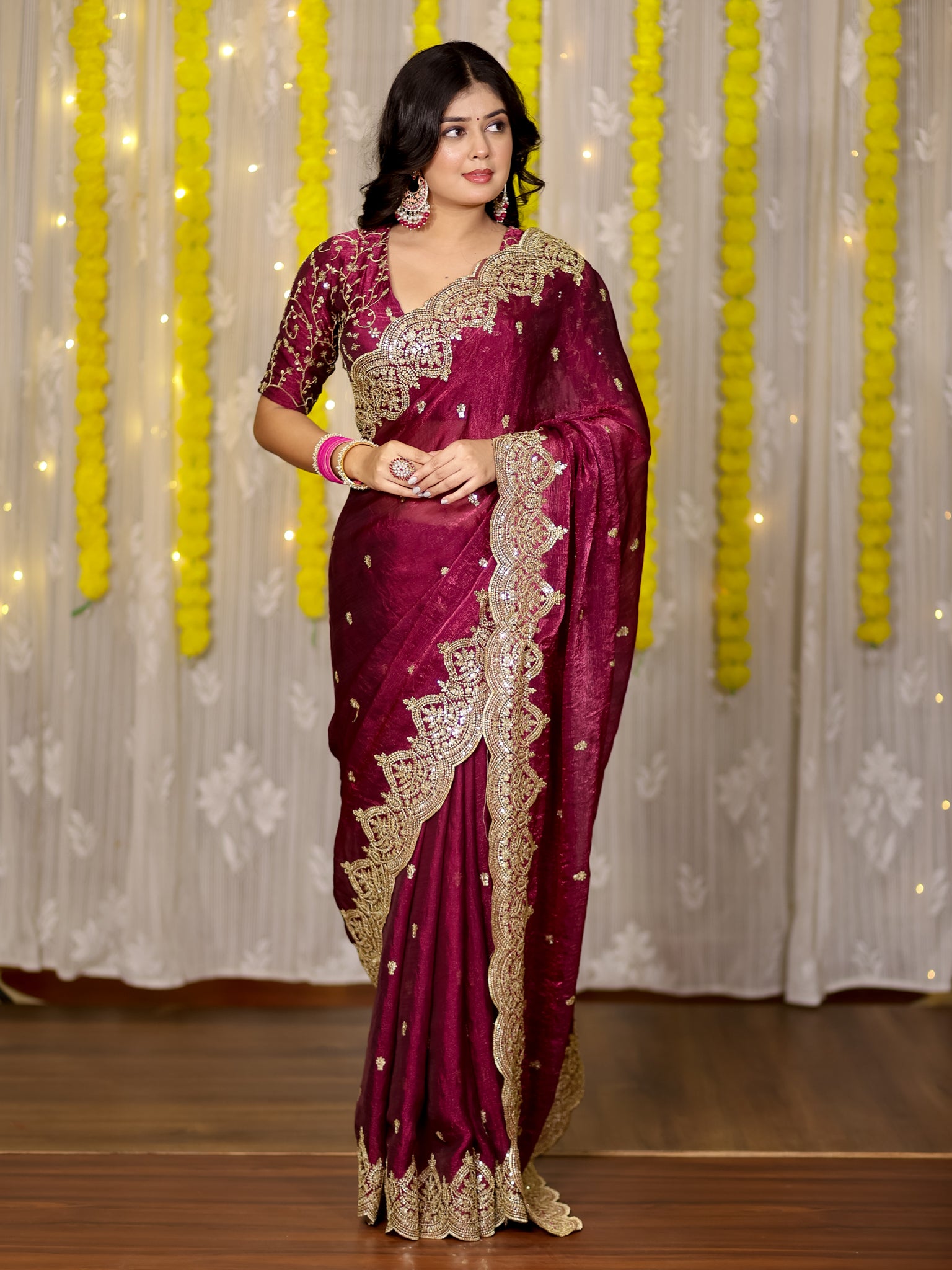 Tissue Sequin Saree With Scallop Border- Wine