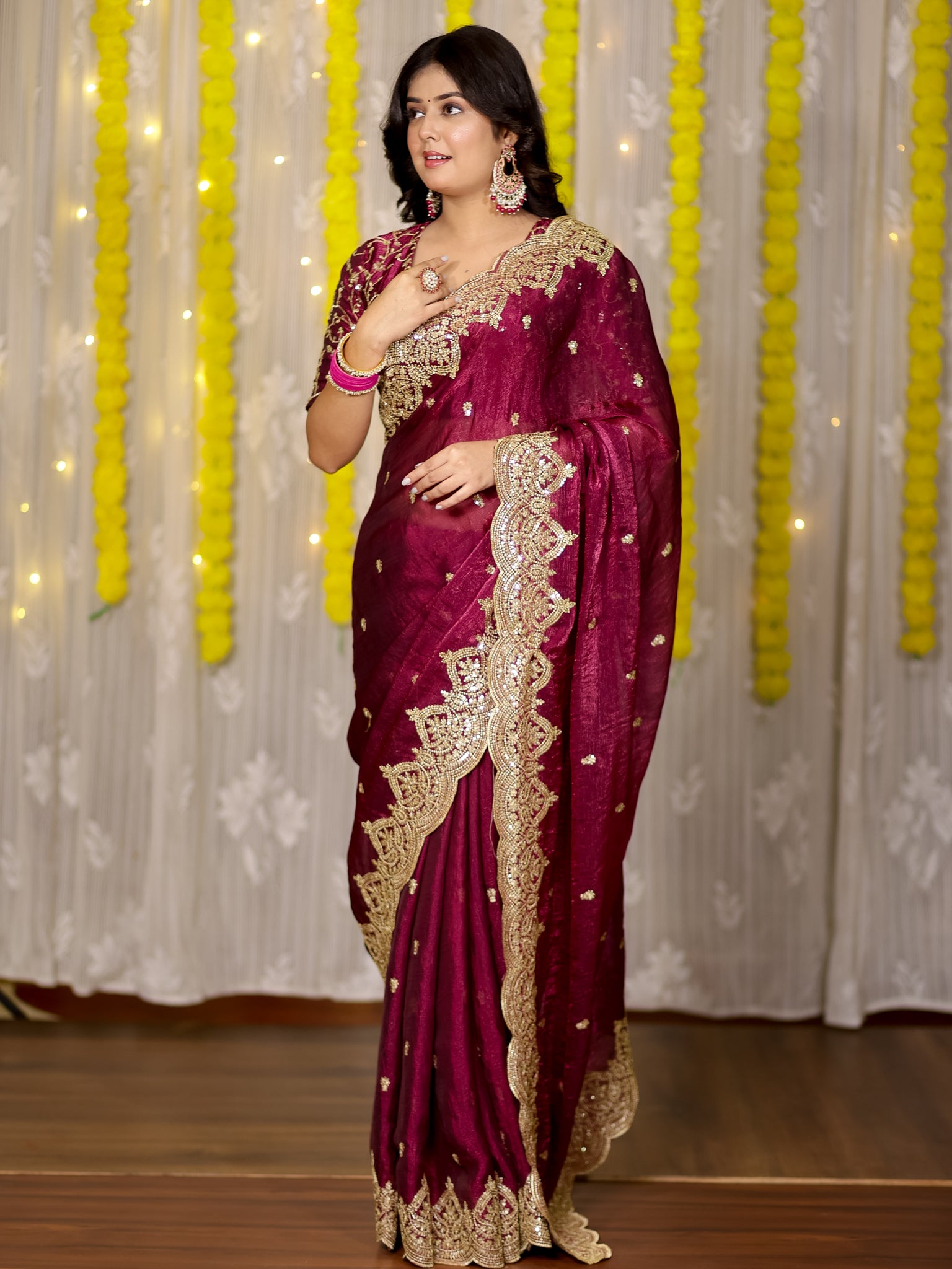 Tissue Sequin Saree With Scallop Border- Wine