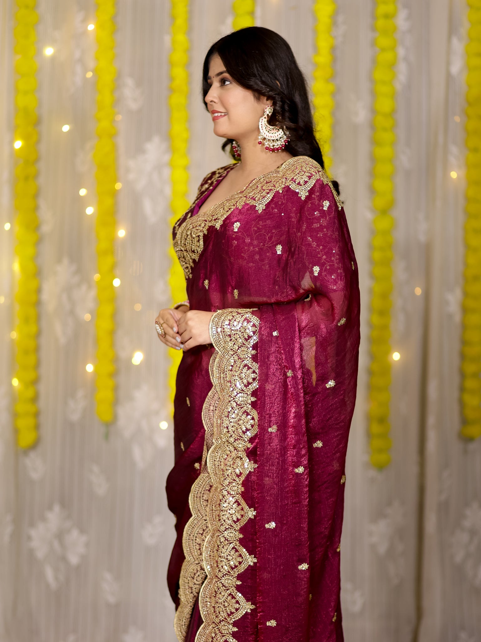 Tissue Sequin Saree With Scallop Border- Wine