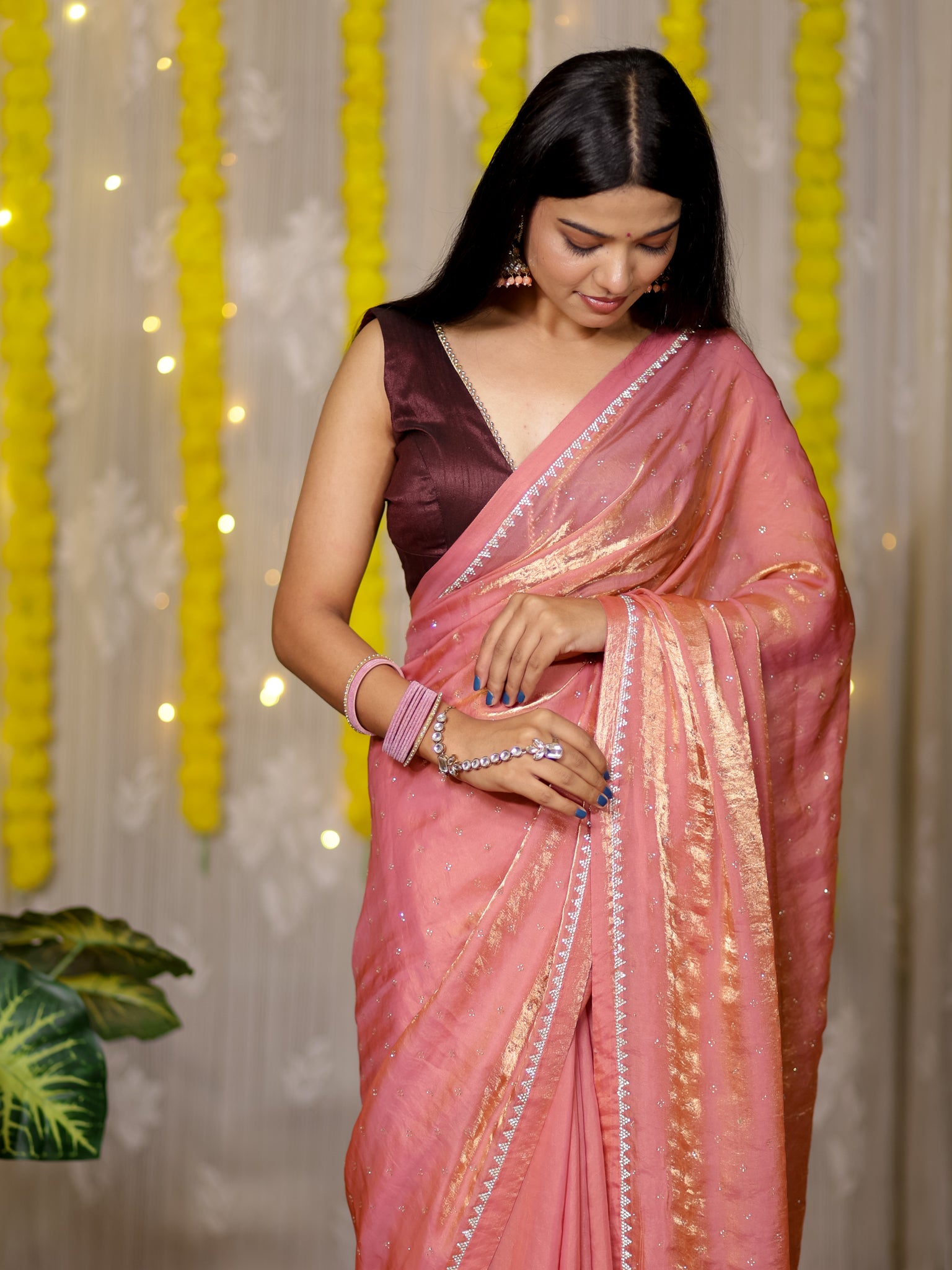 Tissue Sequin Saree - Pink