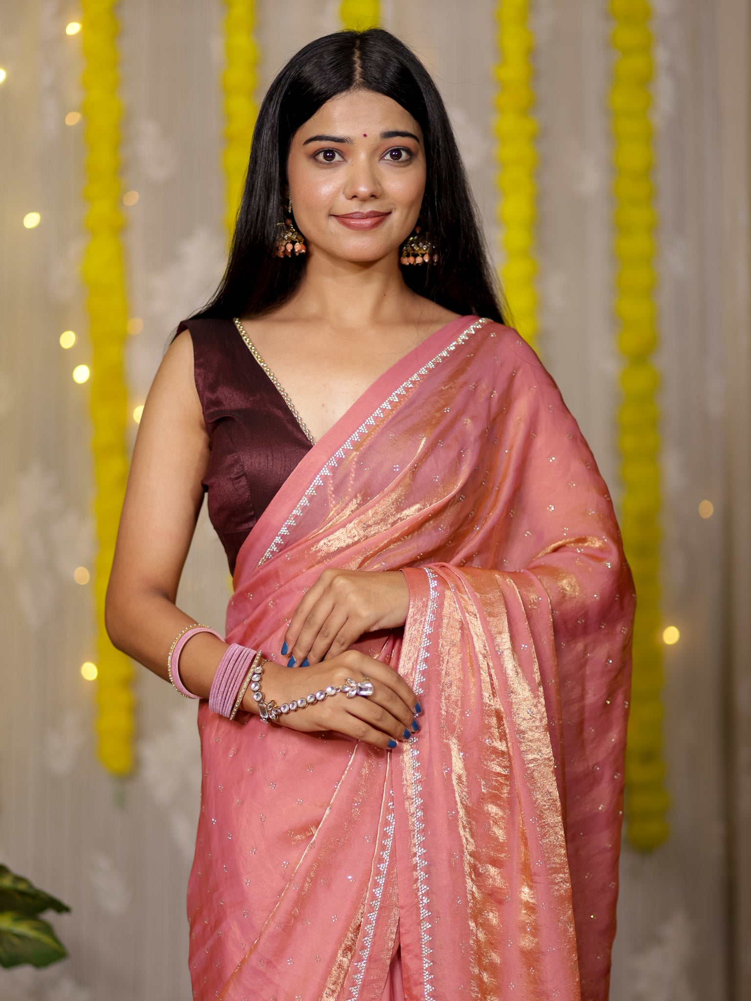 Tissue Sequin Saree - Pink