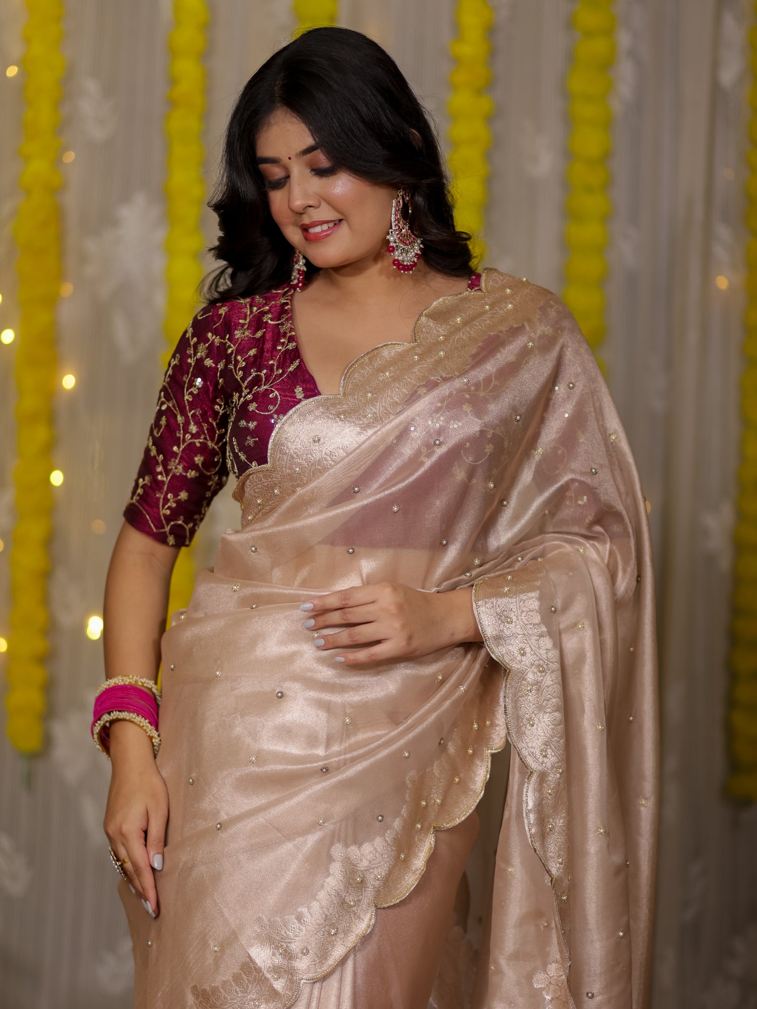 Banarasi Tissue Saree With Scallop Border - Beige
