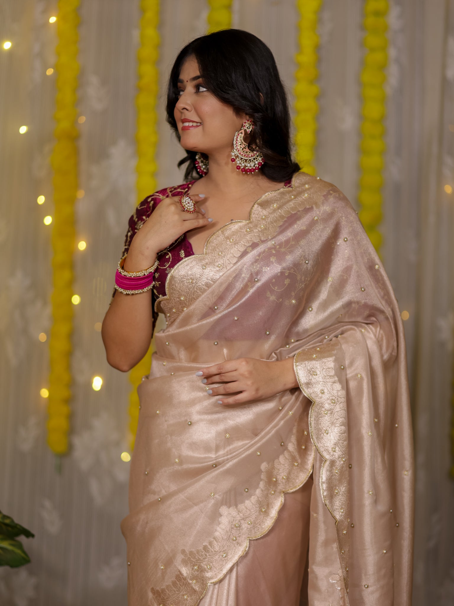 Banarasi Tissue Saree With Scallop Border - Beige
