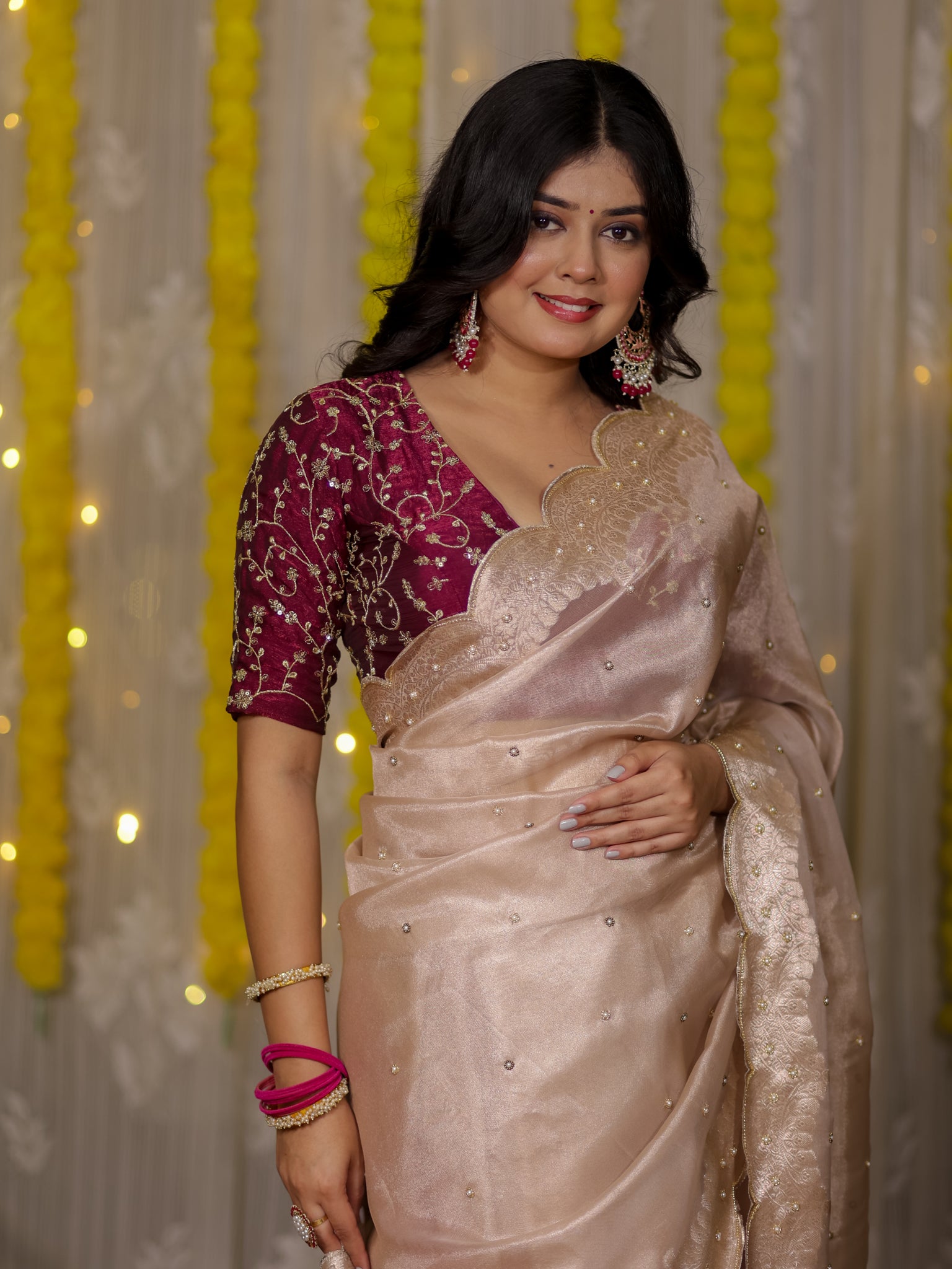 Banarasi Tissue Saree With Scallop Border - Beige