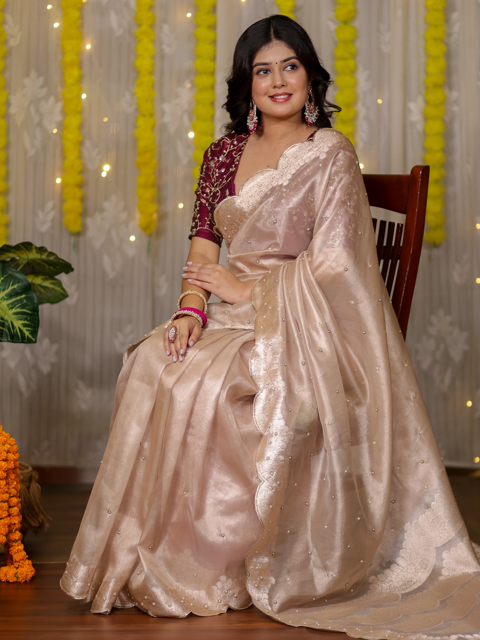 Banarasi Tissue Saree With Scallop Border - Beige