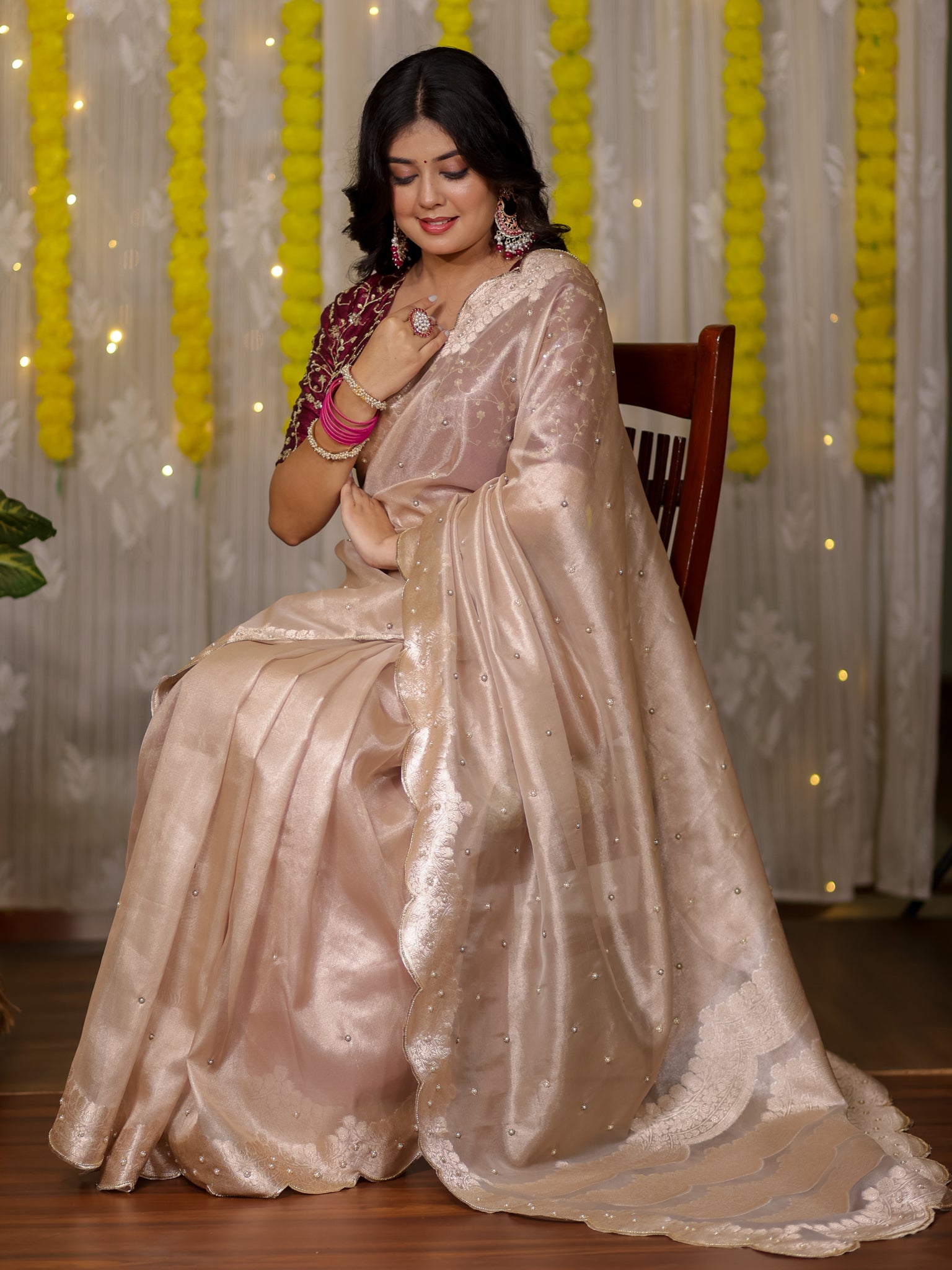 Banarasi Tissue Saree With Scallop Border - Beige