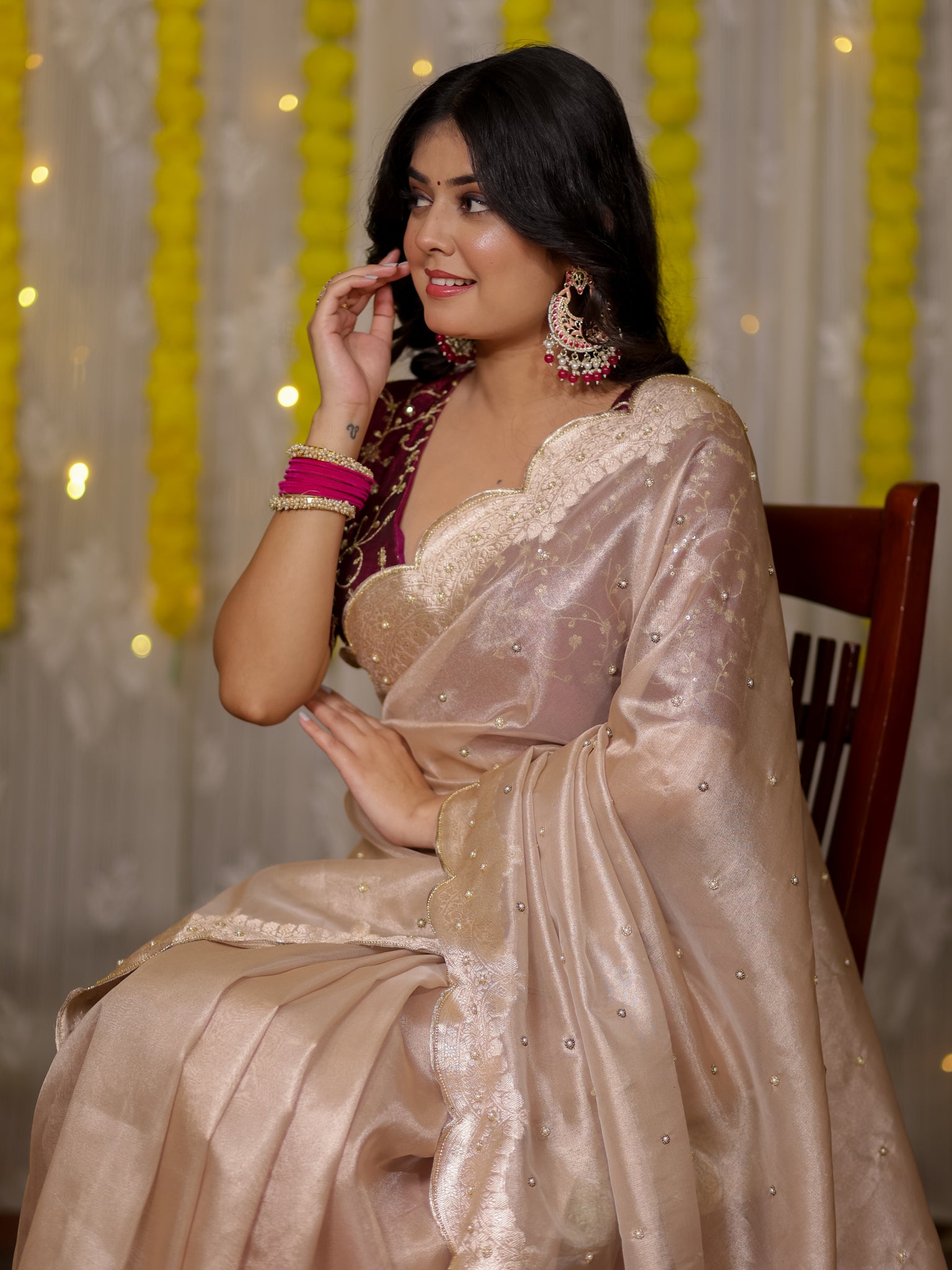 Banarasi Tissue Saree With Scallop Border - Beige